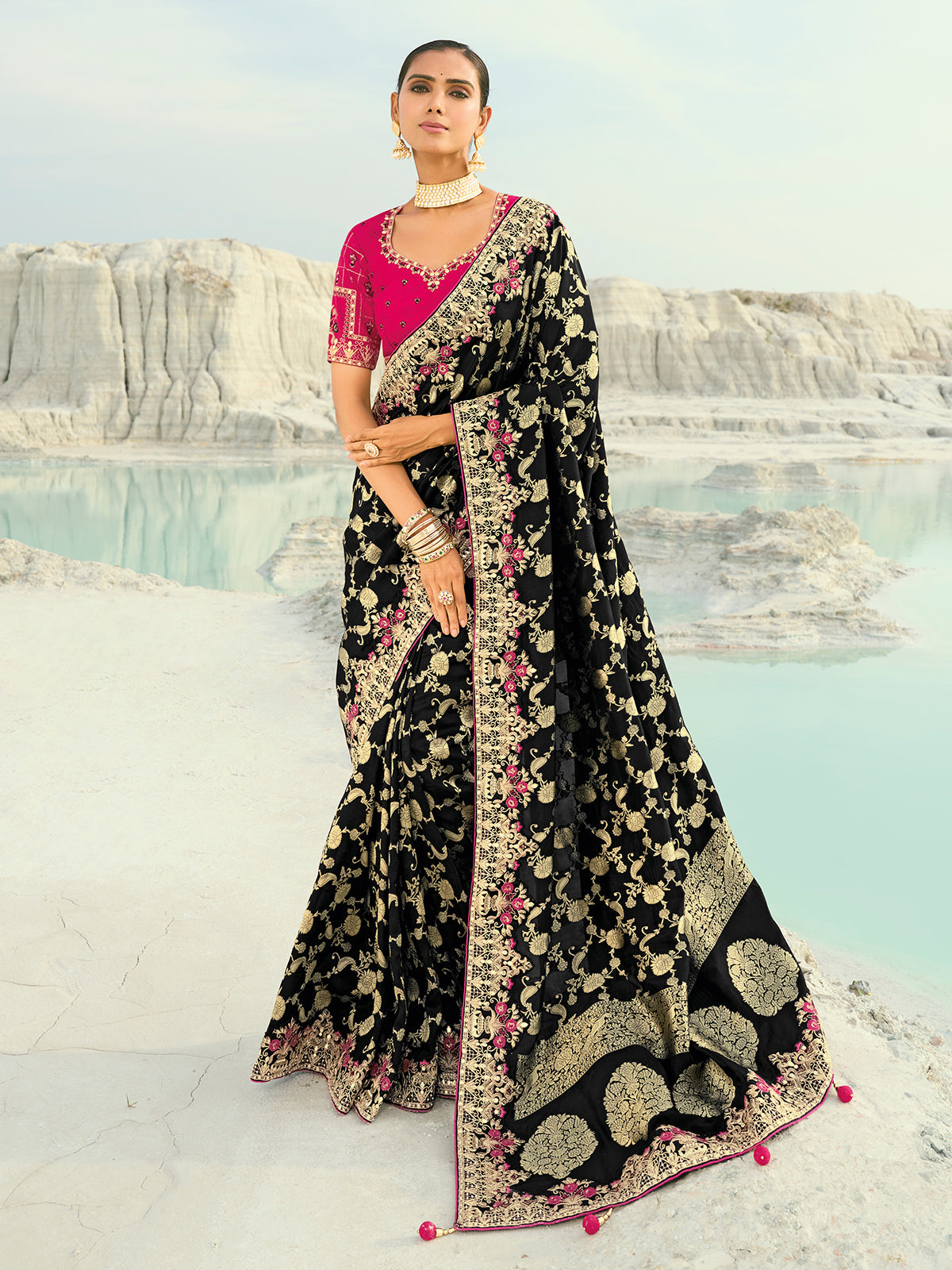Black dola viscose saree embellished with zari