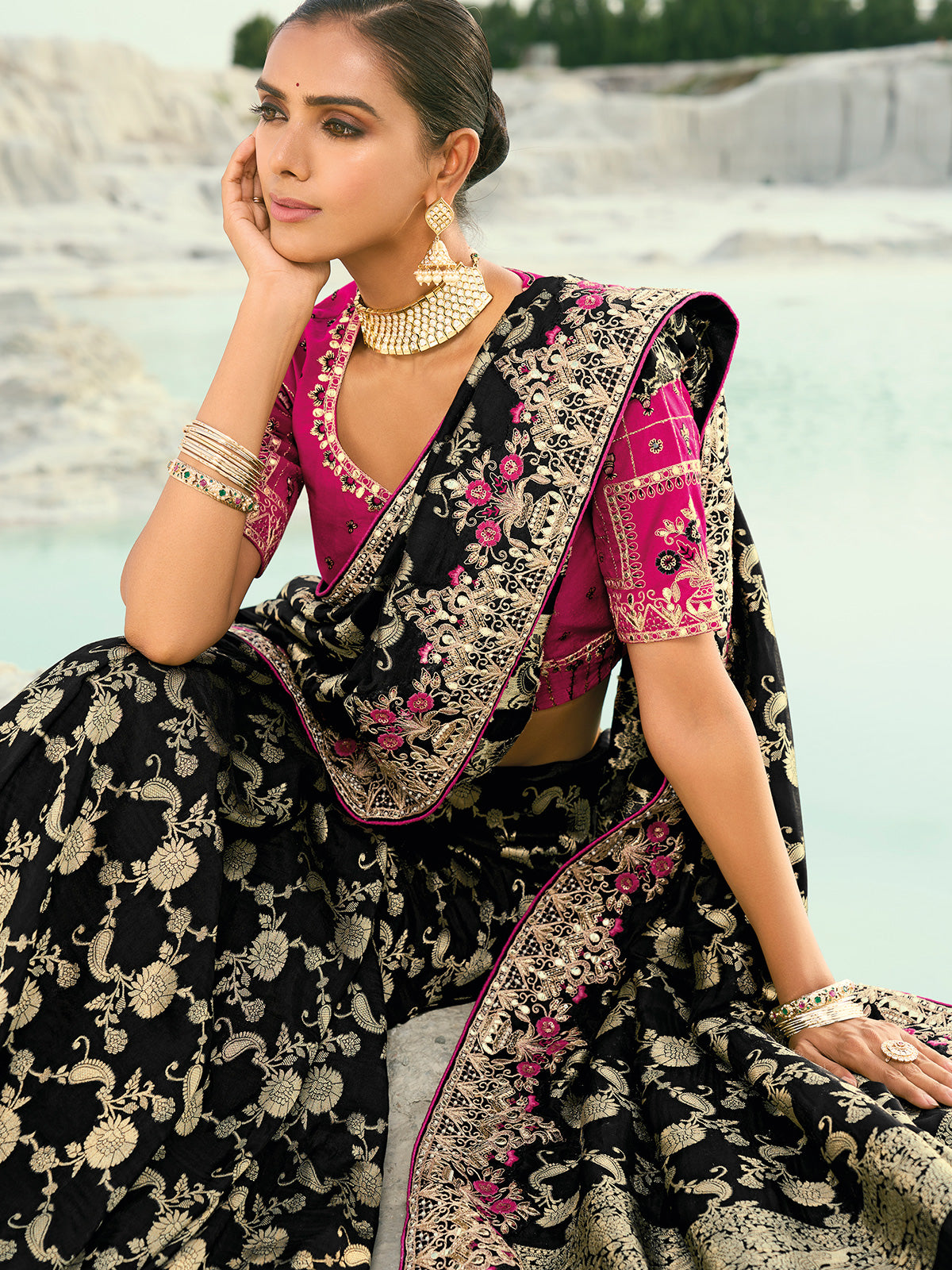 Black dola viscose saree embellished with zari