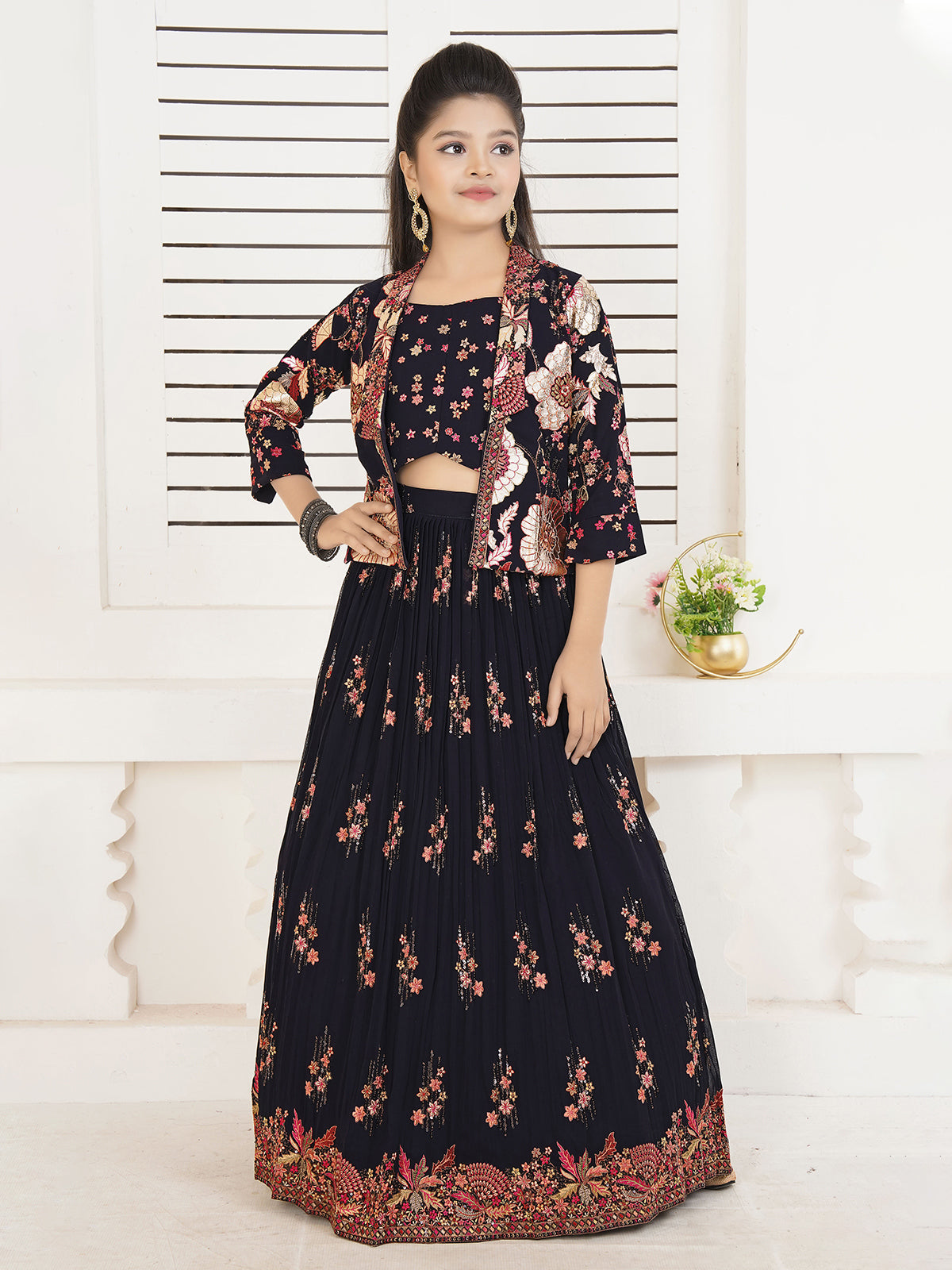 Black jacket style georgette reception style lehenga choli
