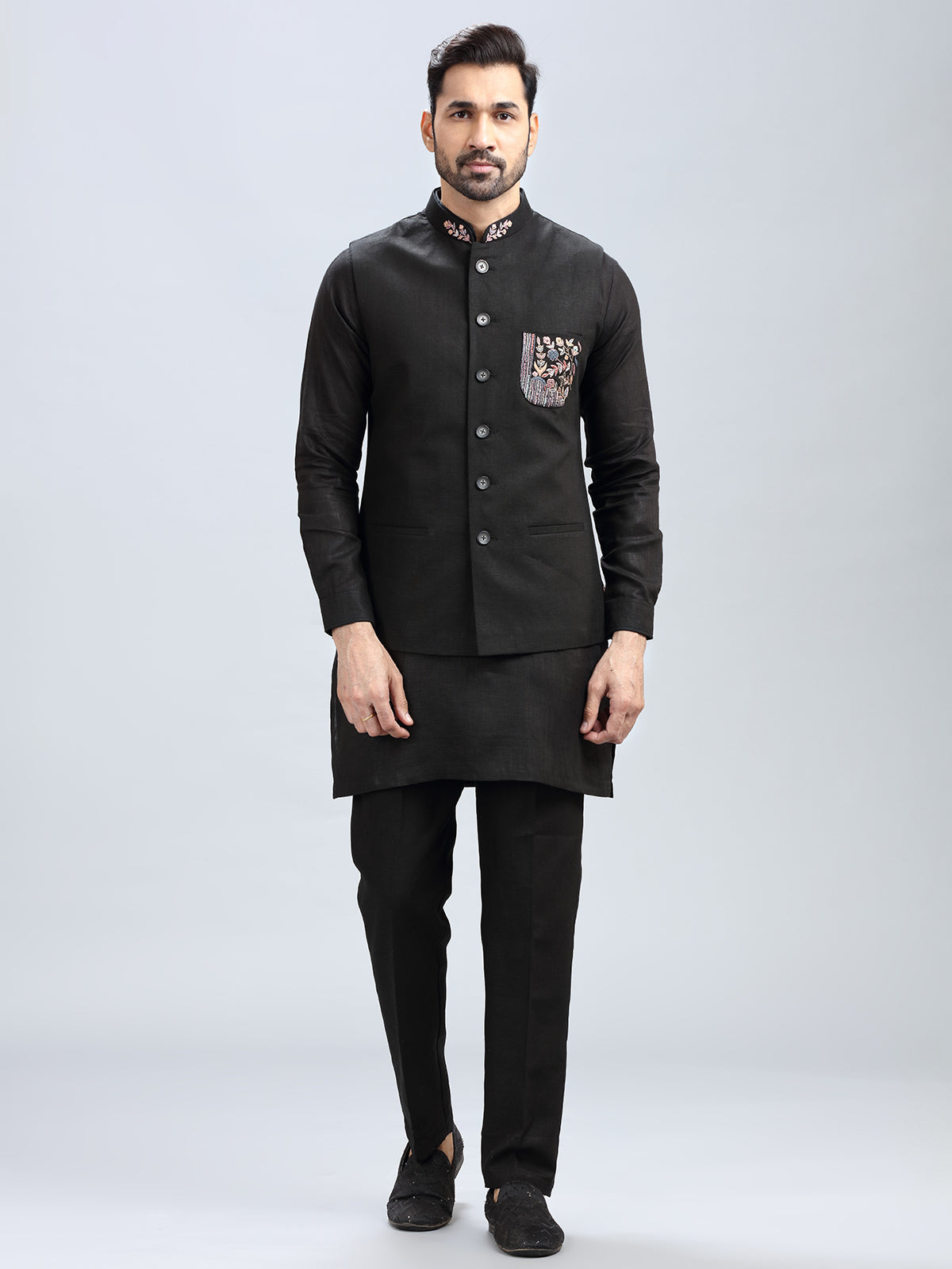 Black jacquard style waistcoat set for men