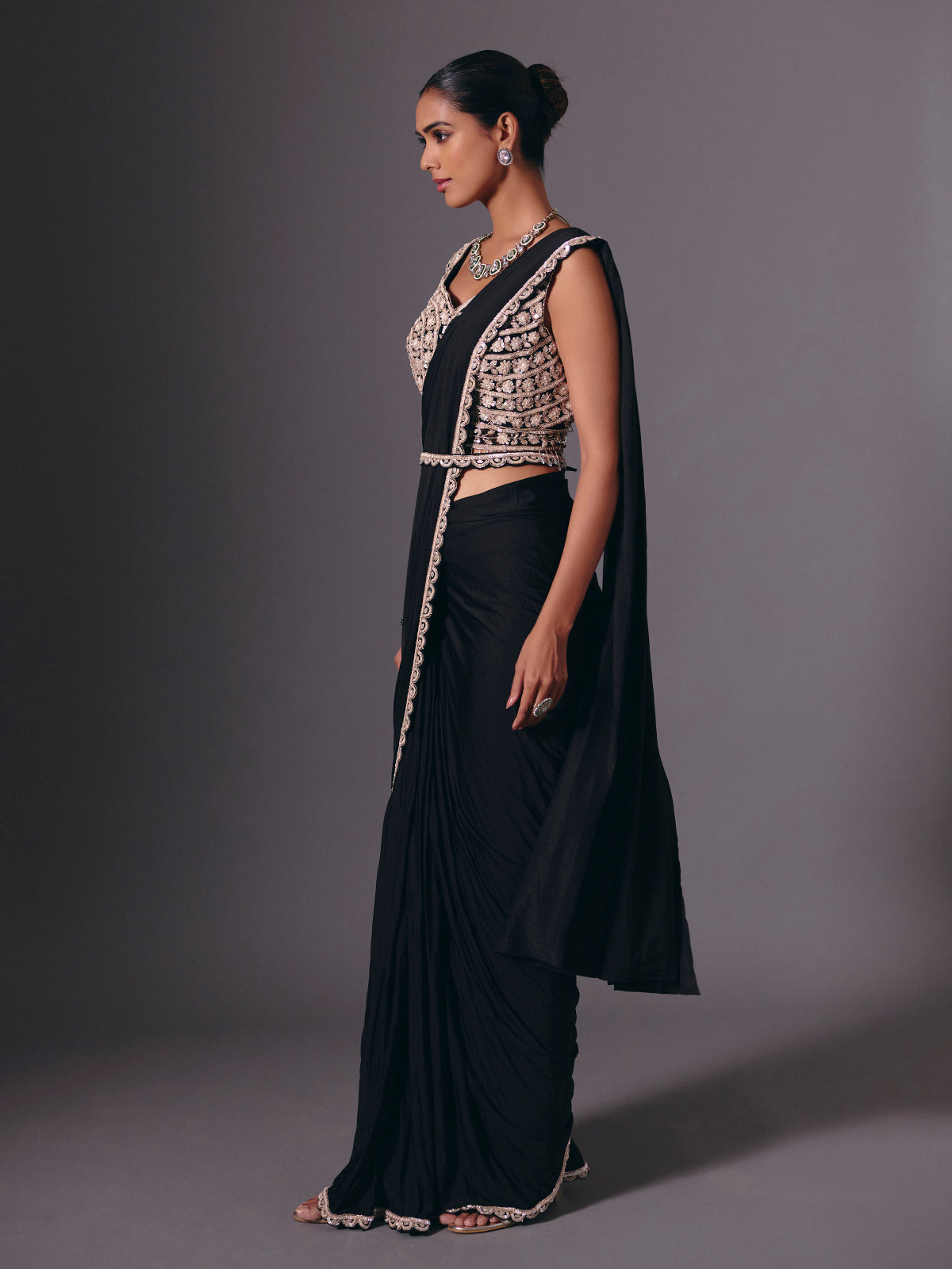 Black lycra saree with sequins and cutdana embellishments