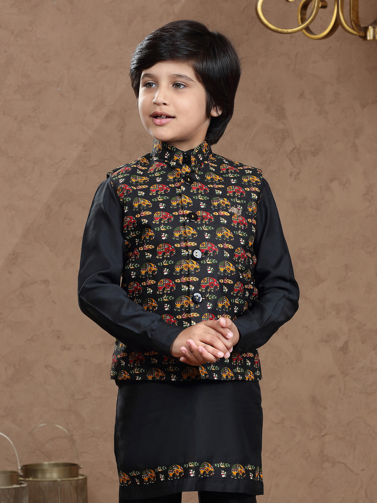 Black printed cotton silk waistcoat set for boys