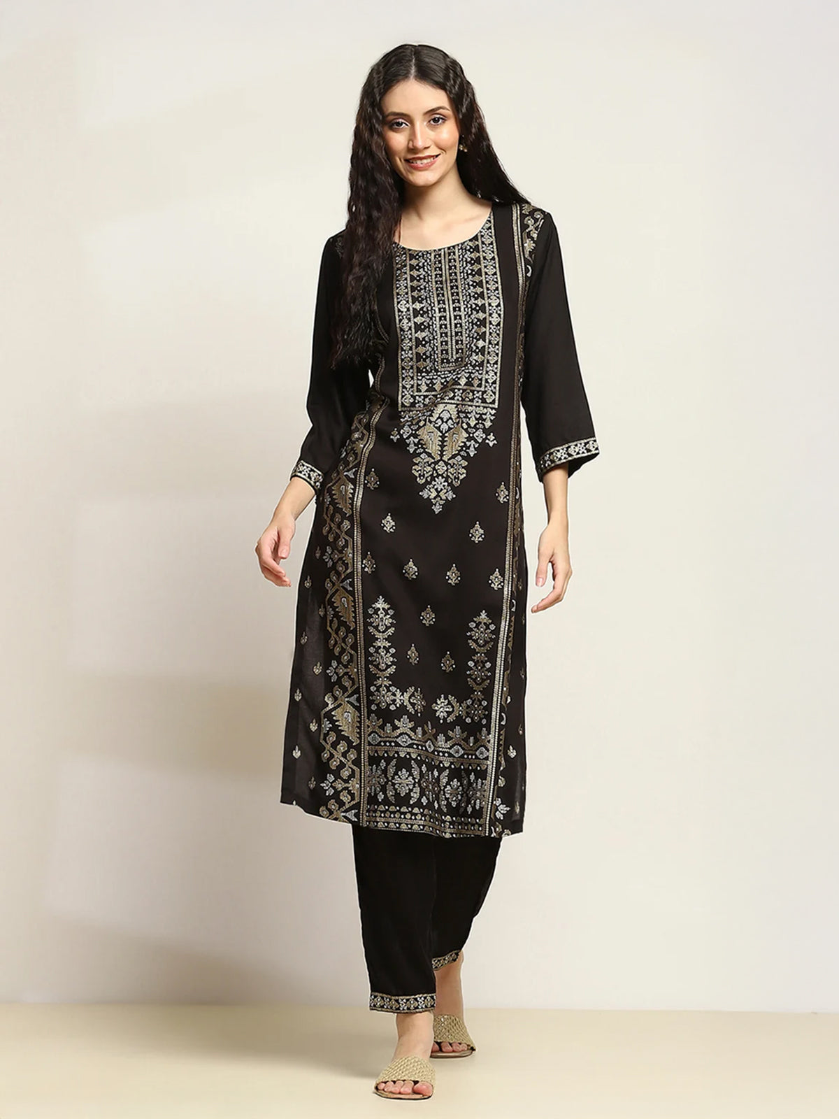 Black printed viscose rayon kurti set