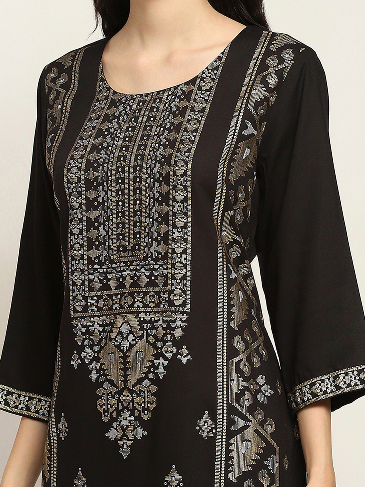 Black printed viscose rayon kurti set