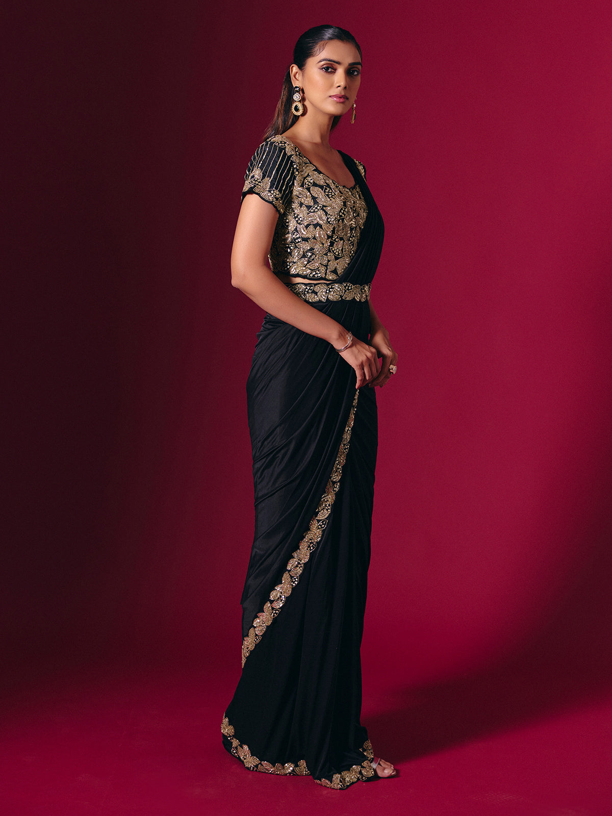 Black satin lycra saree with glam cutdana highlight