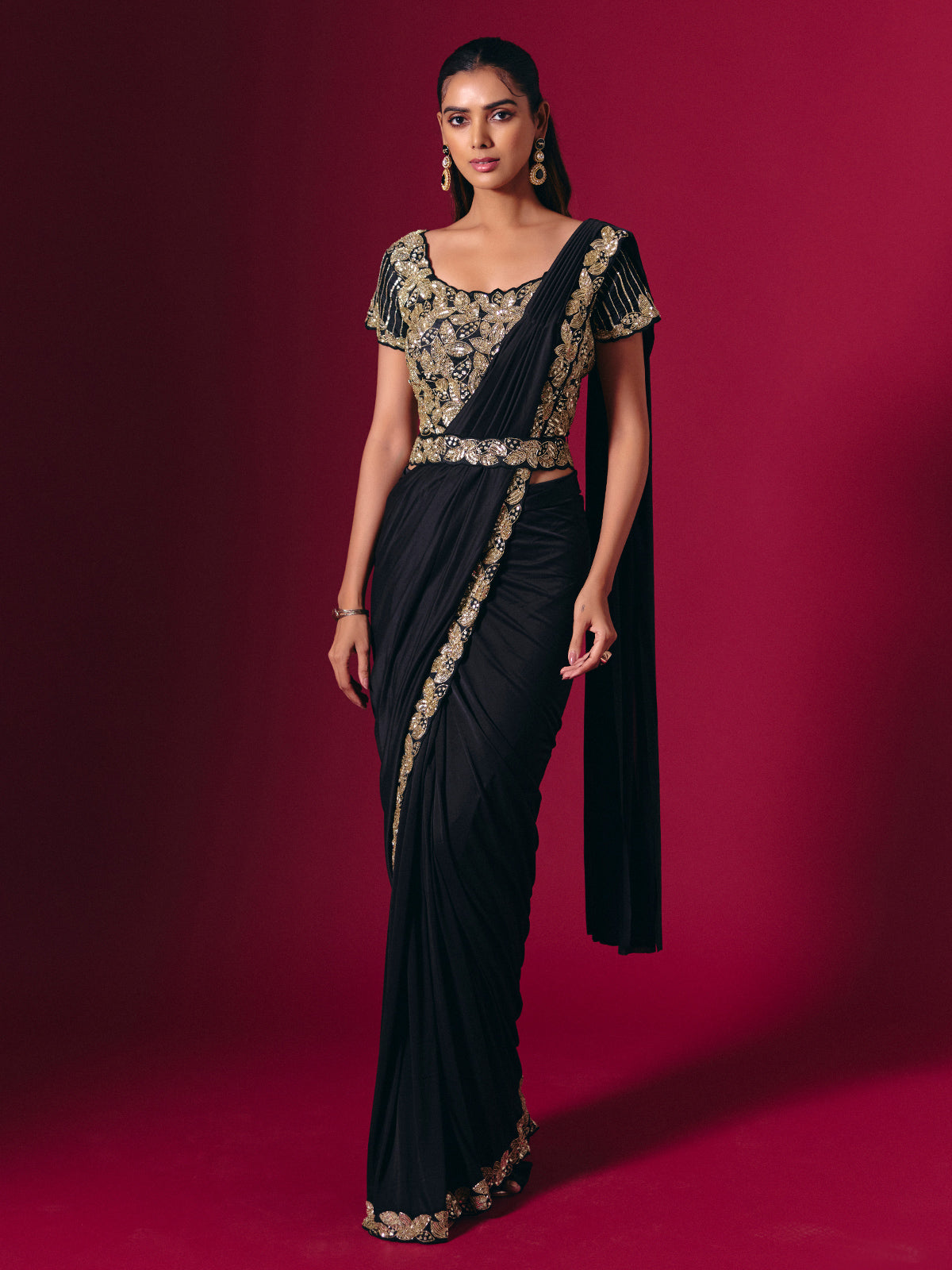 Black satin lycra saree with glam cutdana highlight