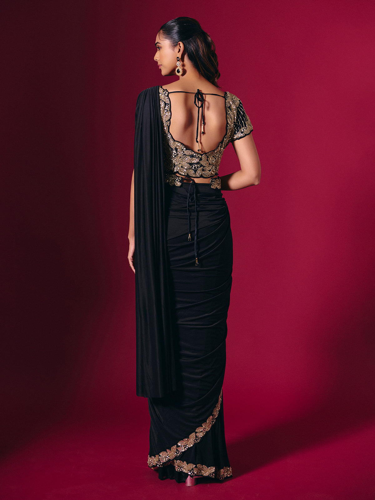 Black satin lycra saree with glam cutdana highlight