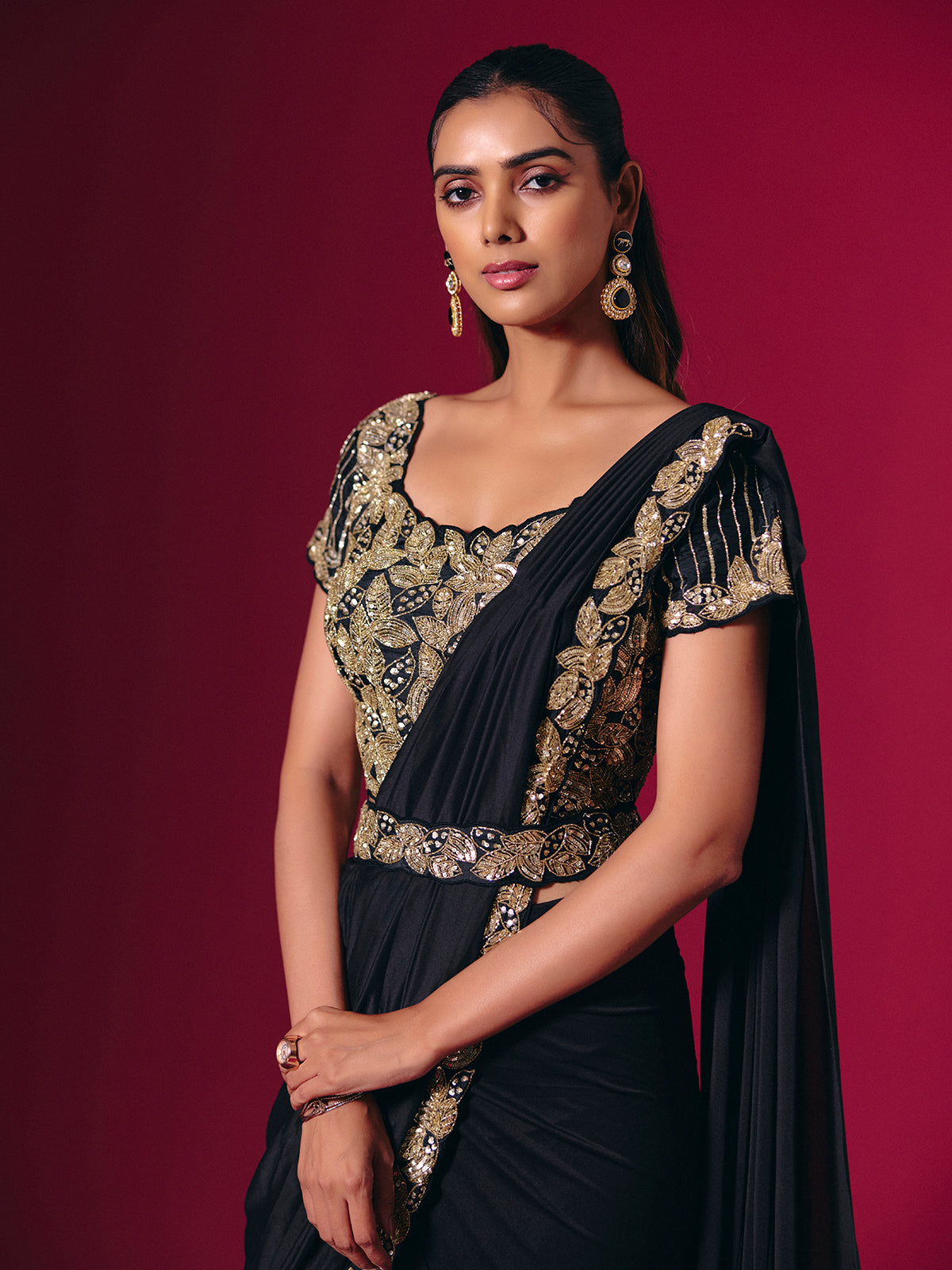 Black satin lycra saree with glam cutdana highlight
