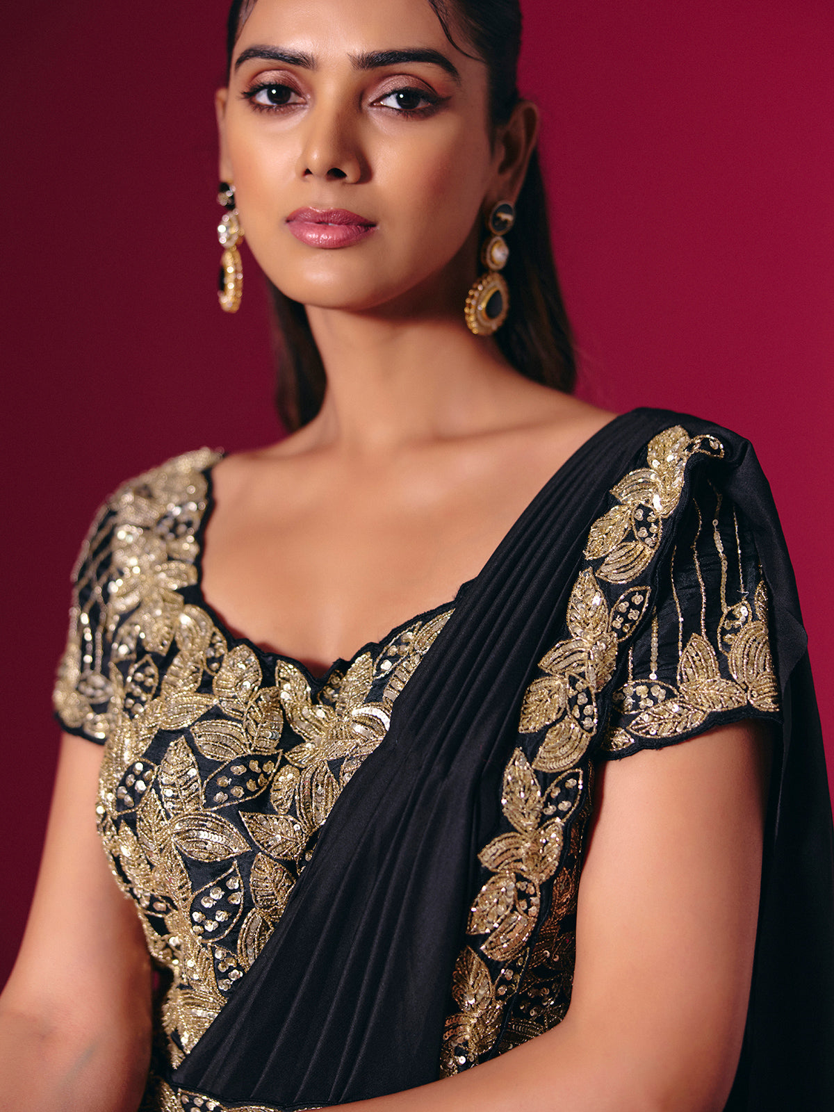 Black satin lycra saree with glam cutdana highlight