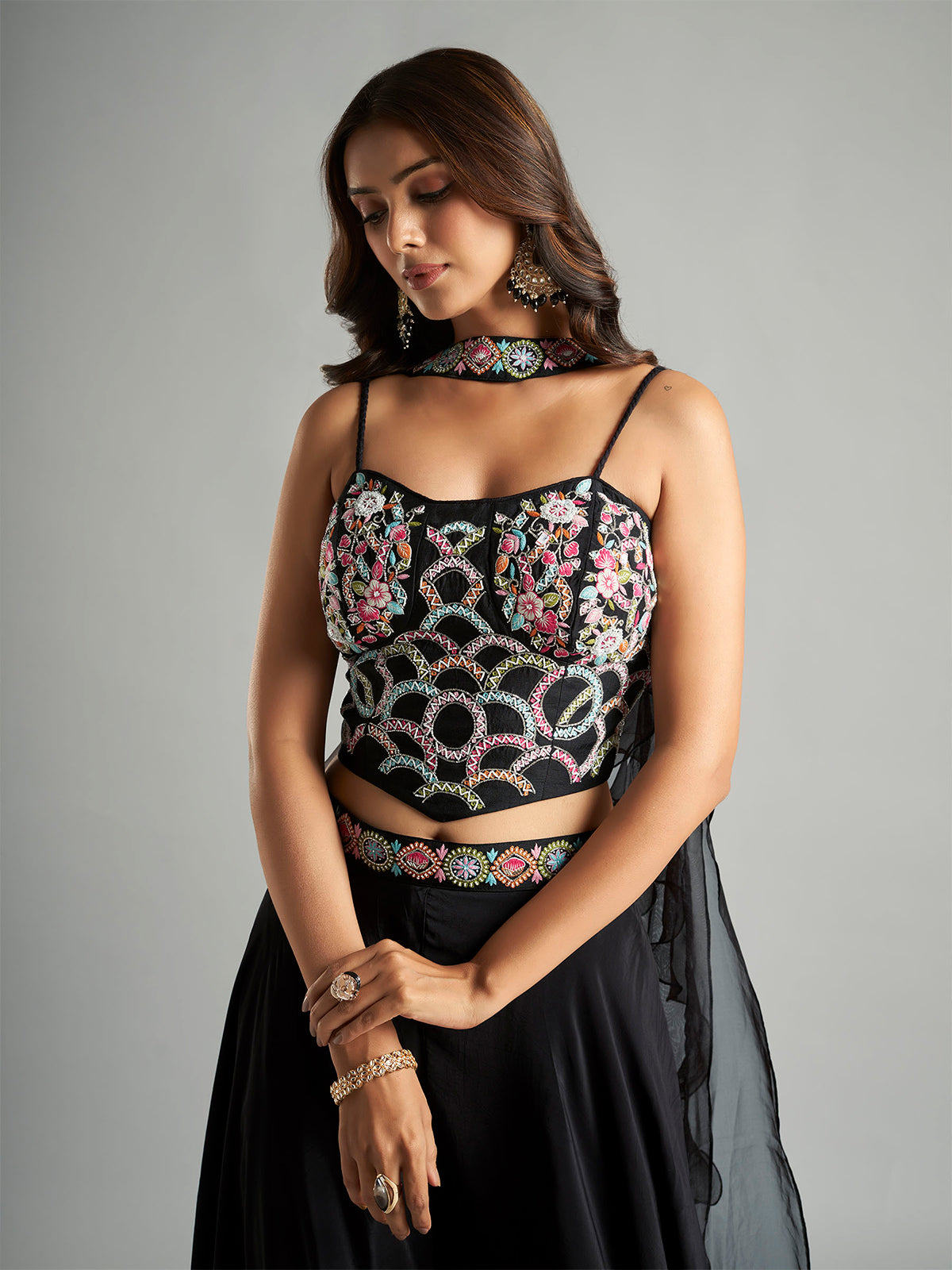 Black satin palazzo suit with ruffle dupatta