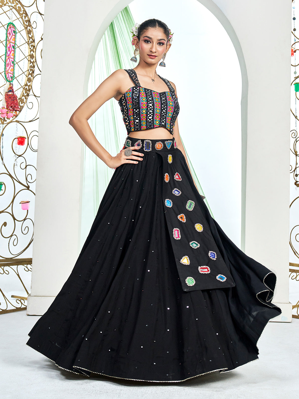 Black silk navratri lehenga choli with mirror work