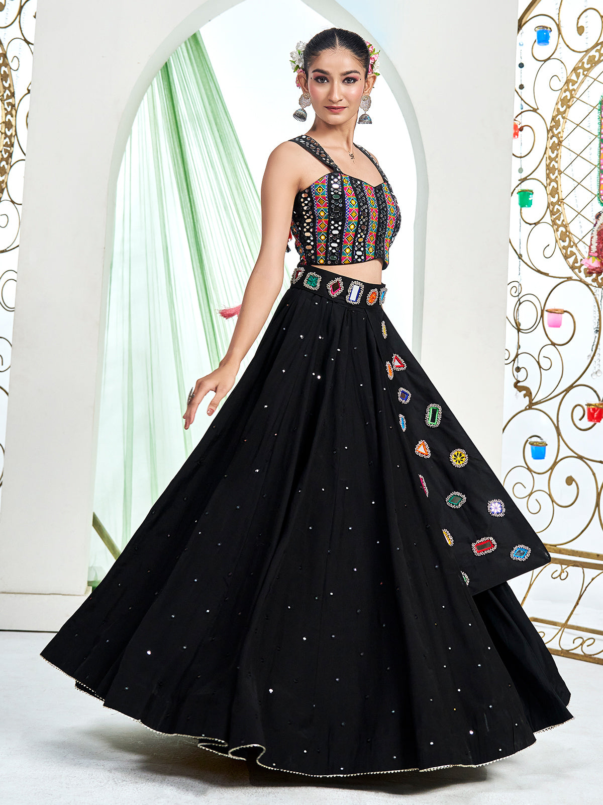 Black silk navratri lehenga choli with mirror work