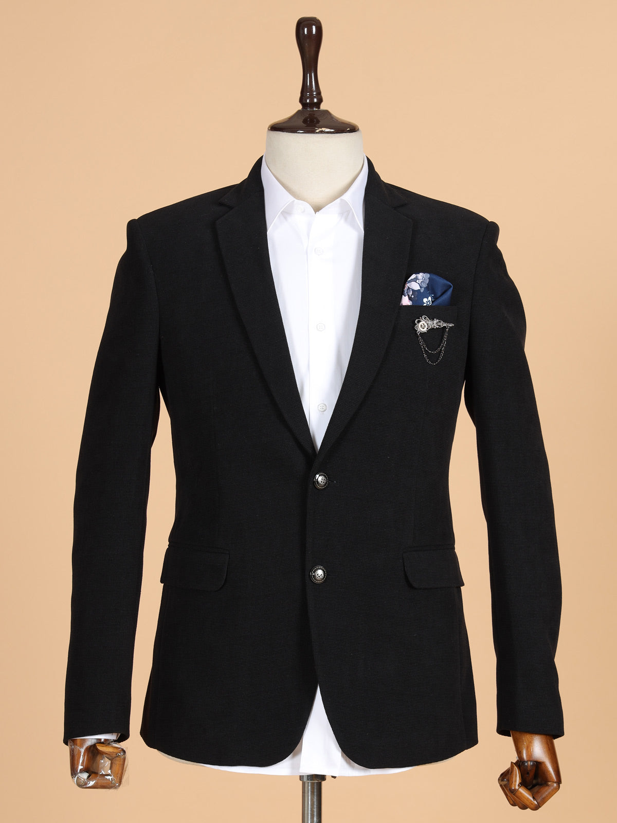 Black solid blazer in terry rayon