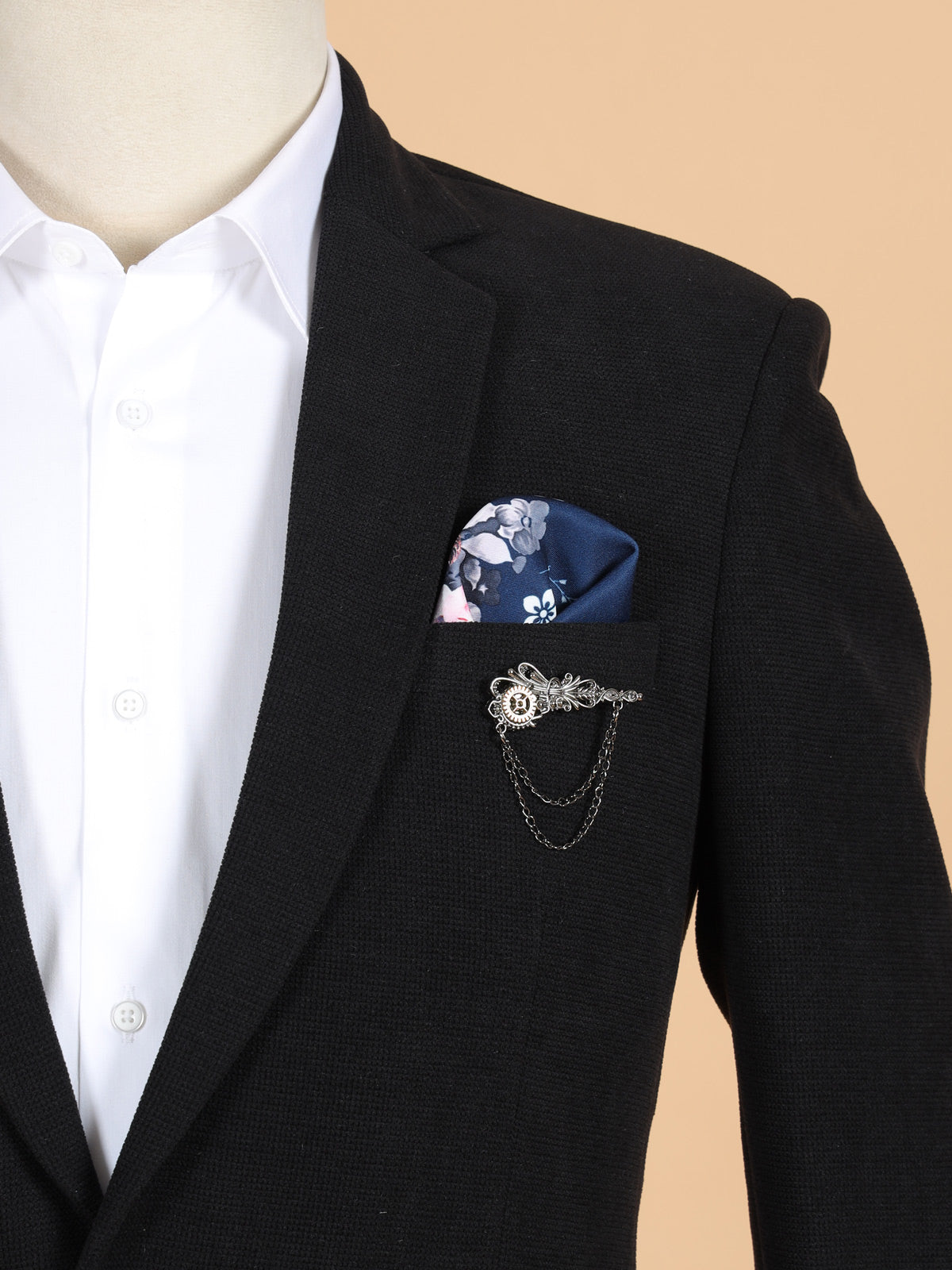 Black solid blazer in terry rayon