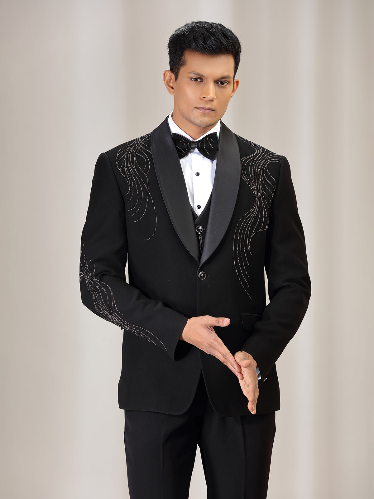 Black terry rayon coat suit with bead work