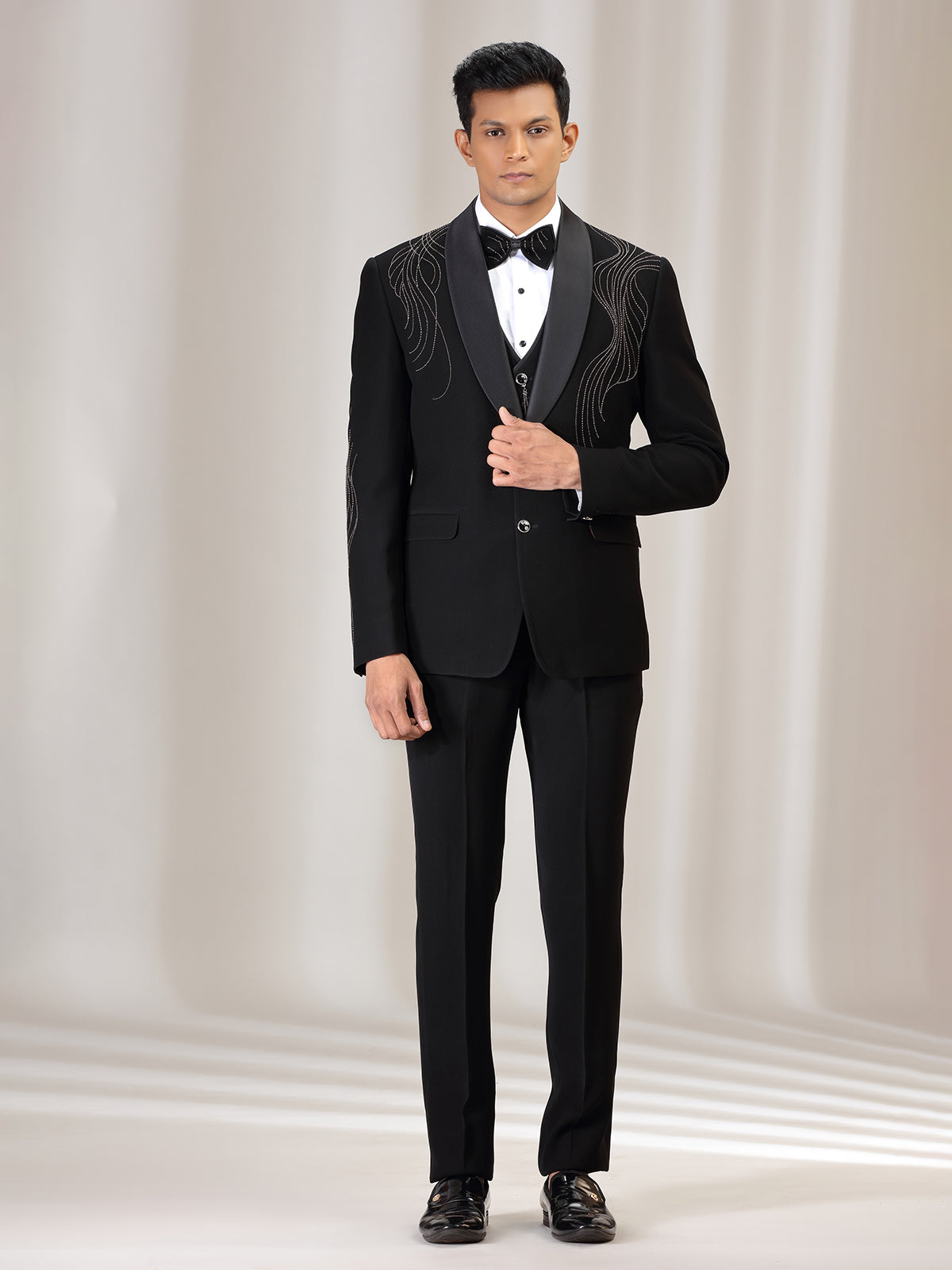Black terry rayon coat suit with bead work