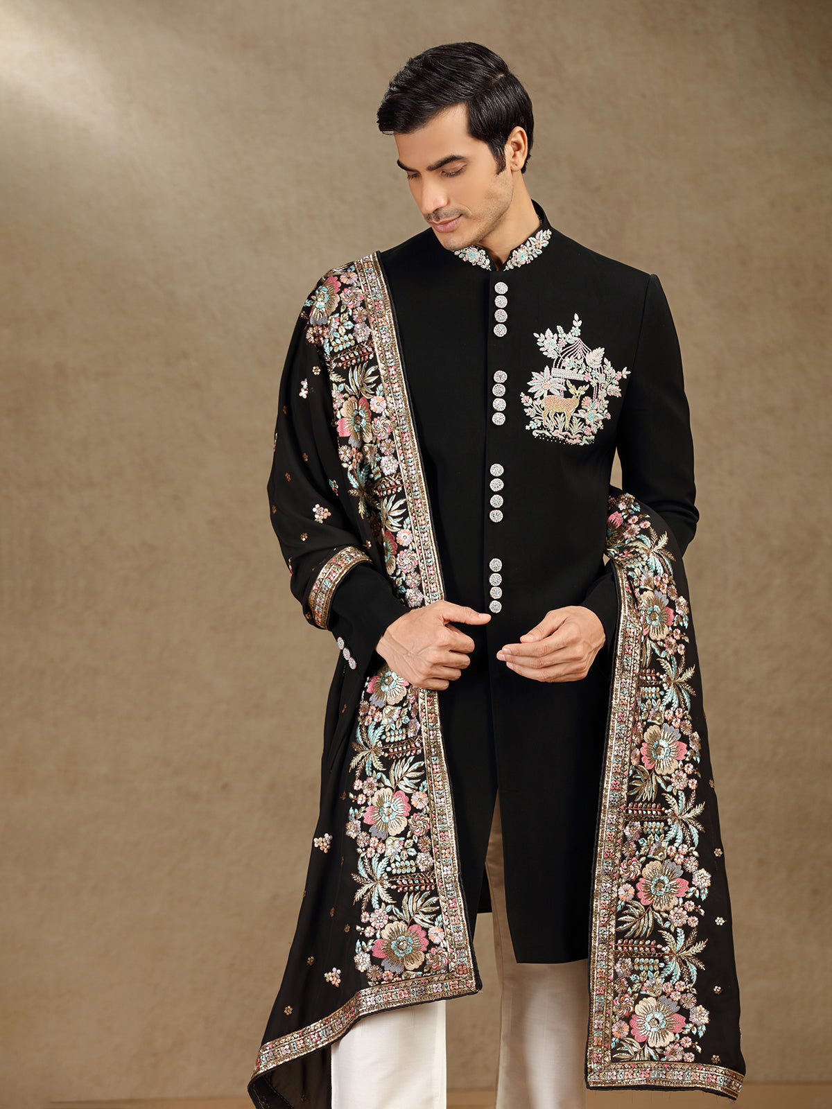 Black terry rayon indo western with dupatta for mens