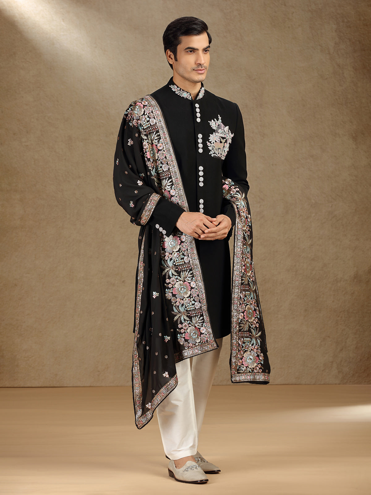 Black terry rayon indo western with dupatta for mens