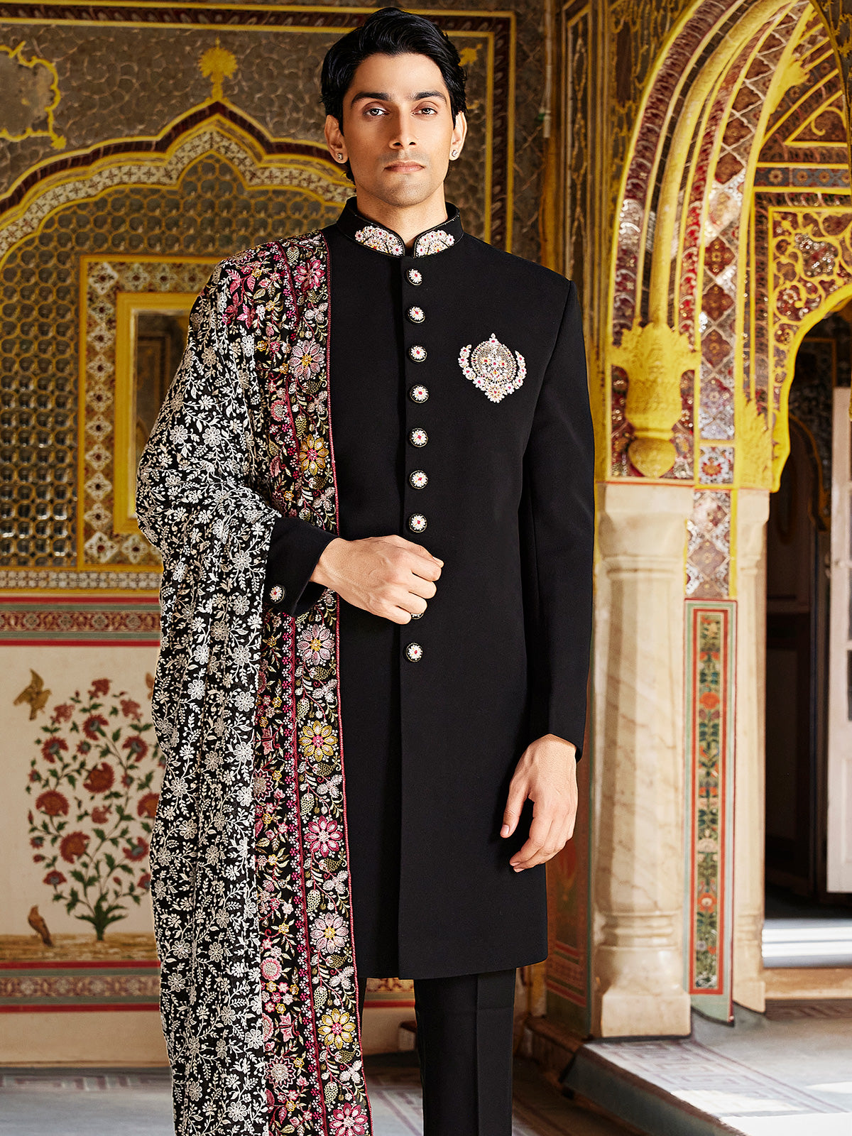 Black terry rayon reception style sherwani