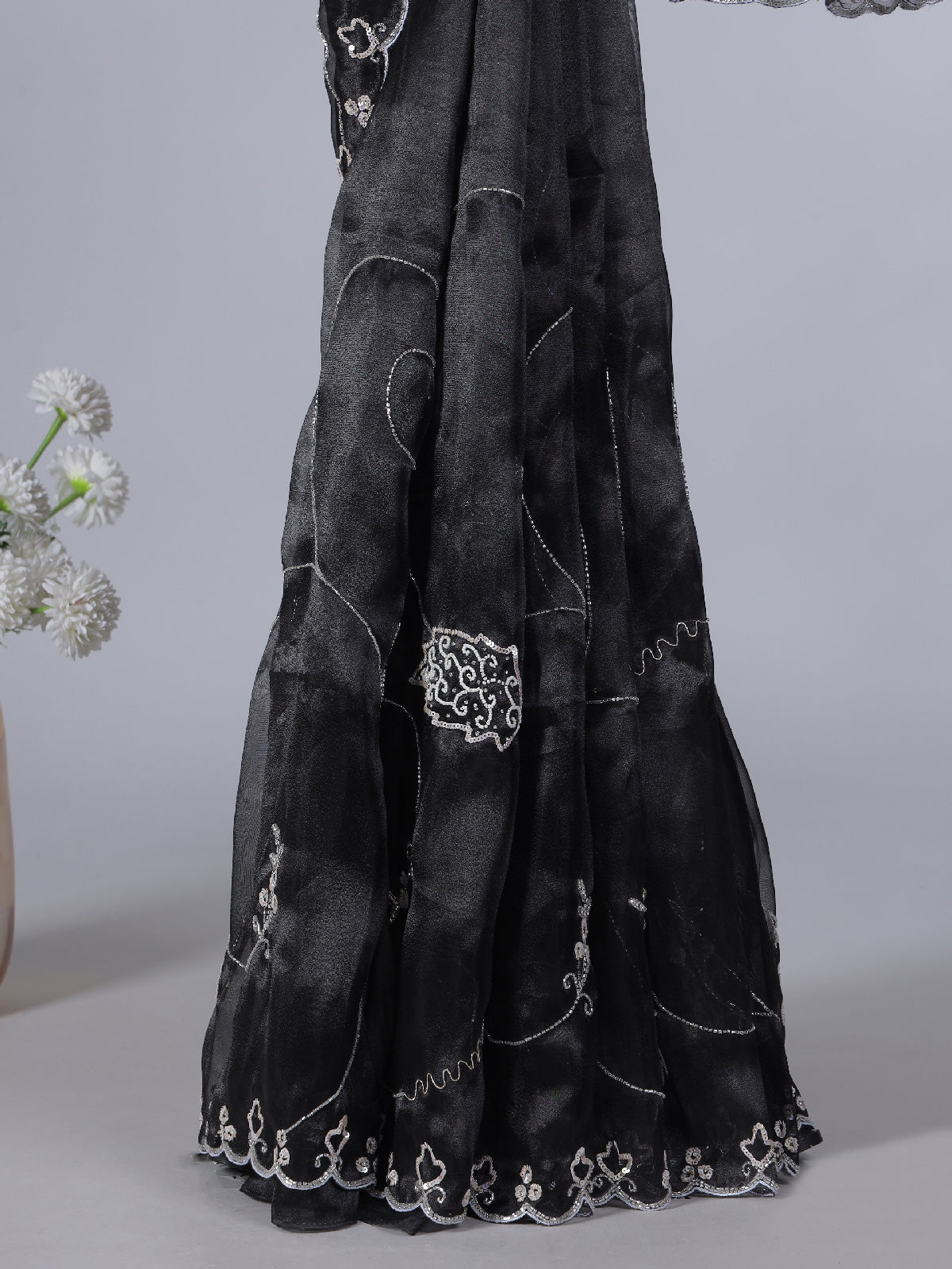 Black tissue silk saree with sequins and bead work
