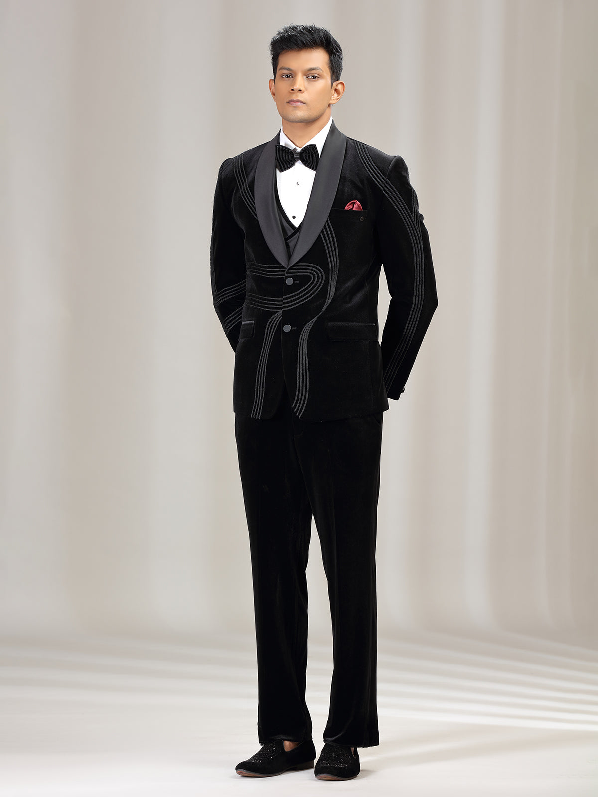 Black velvet coat suit with reception wear