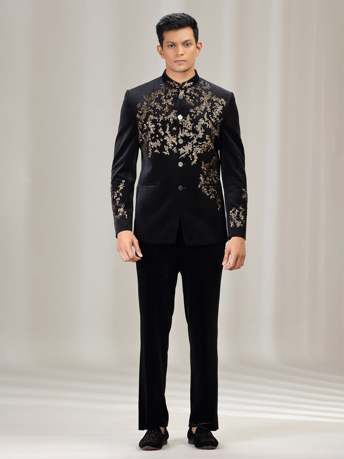 Black velvet jodhpuri suit with beads work