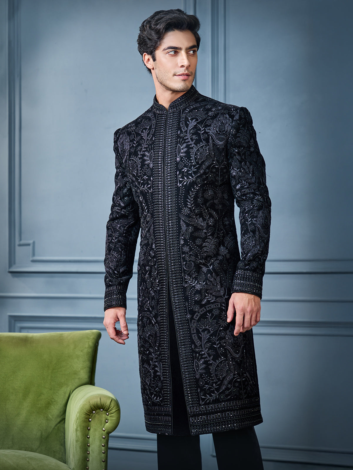 Black velvet long indo western set for reception