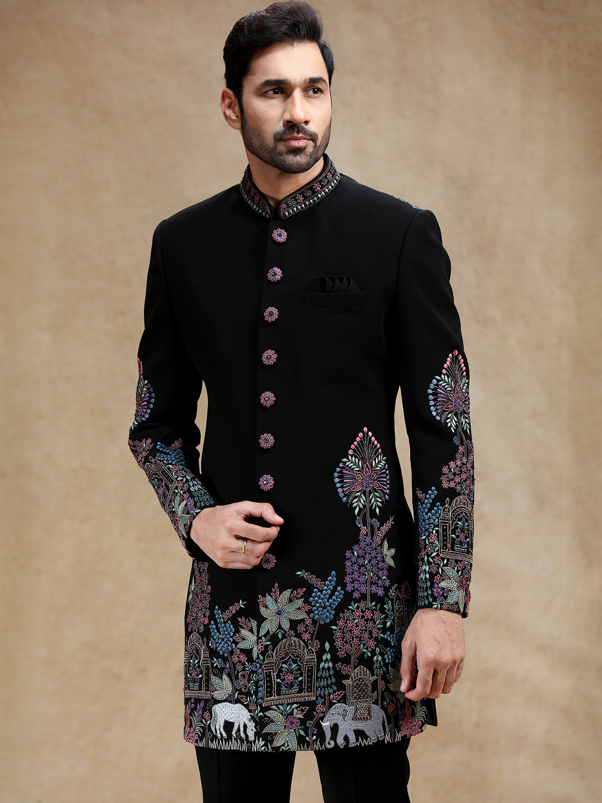 Black wedding wear indowestern set in terry rayon