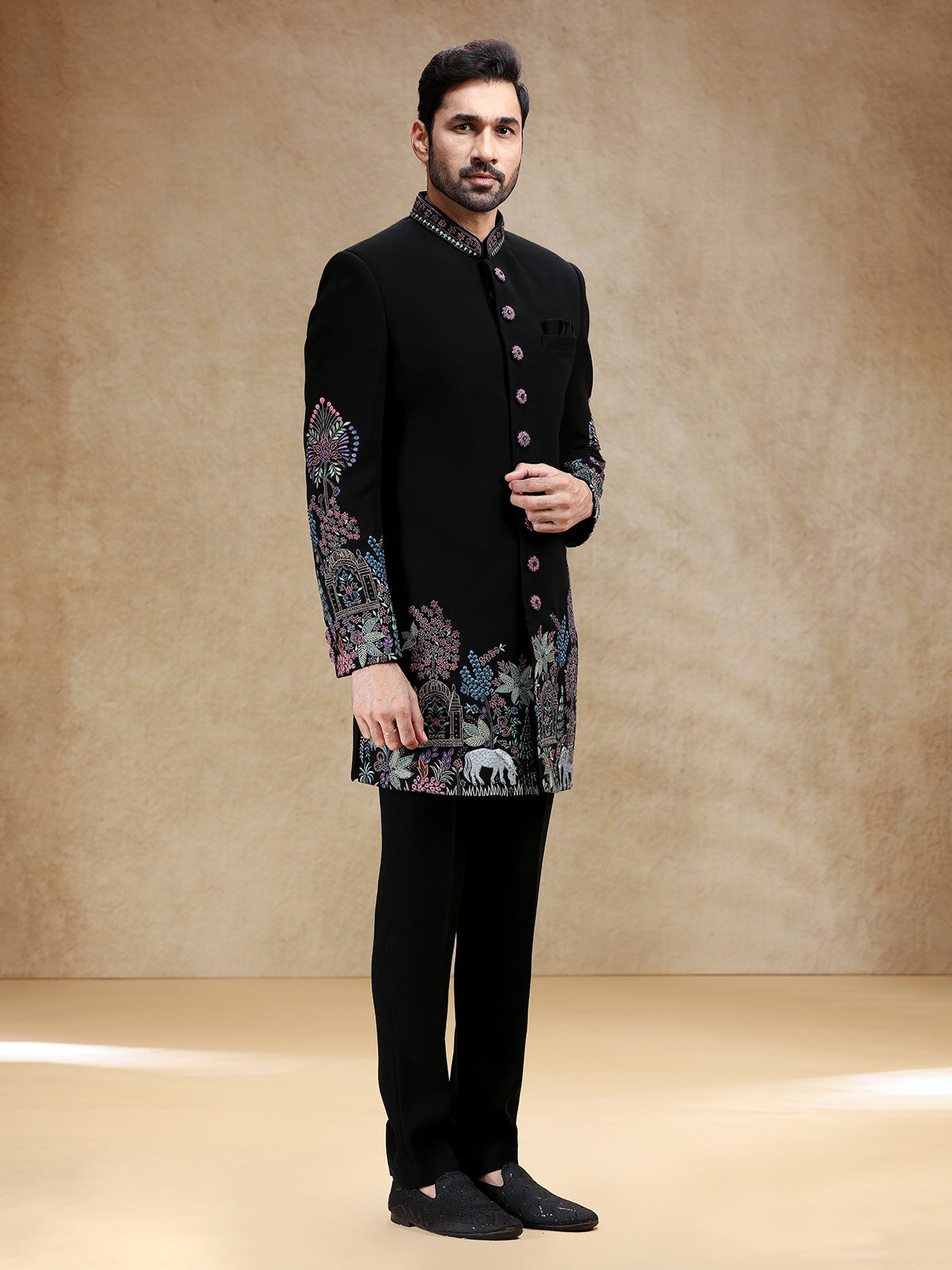Black wedding wear indowestern set in terry rayon