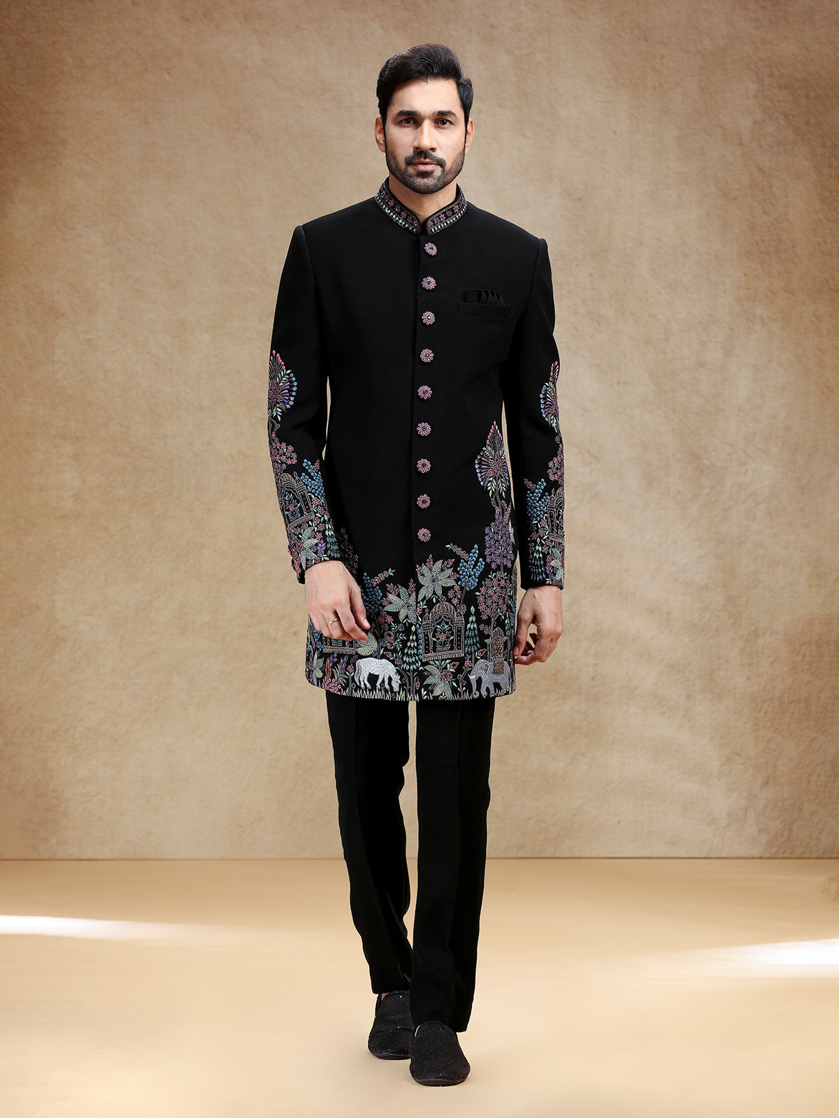 Black wedding wear indowestern set in terry rayon