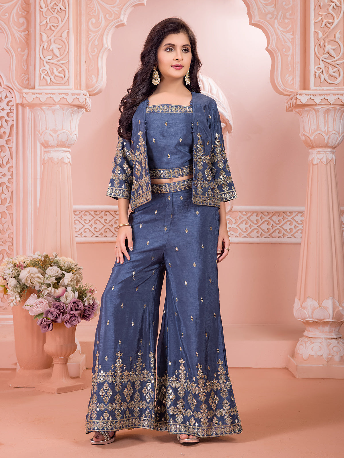 Grey chiffon pakistani jacket style palazzo suit