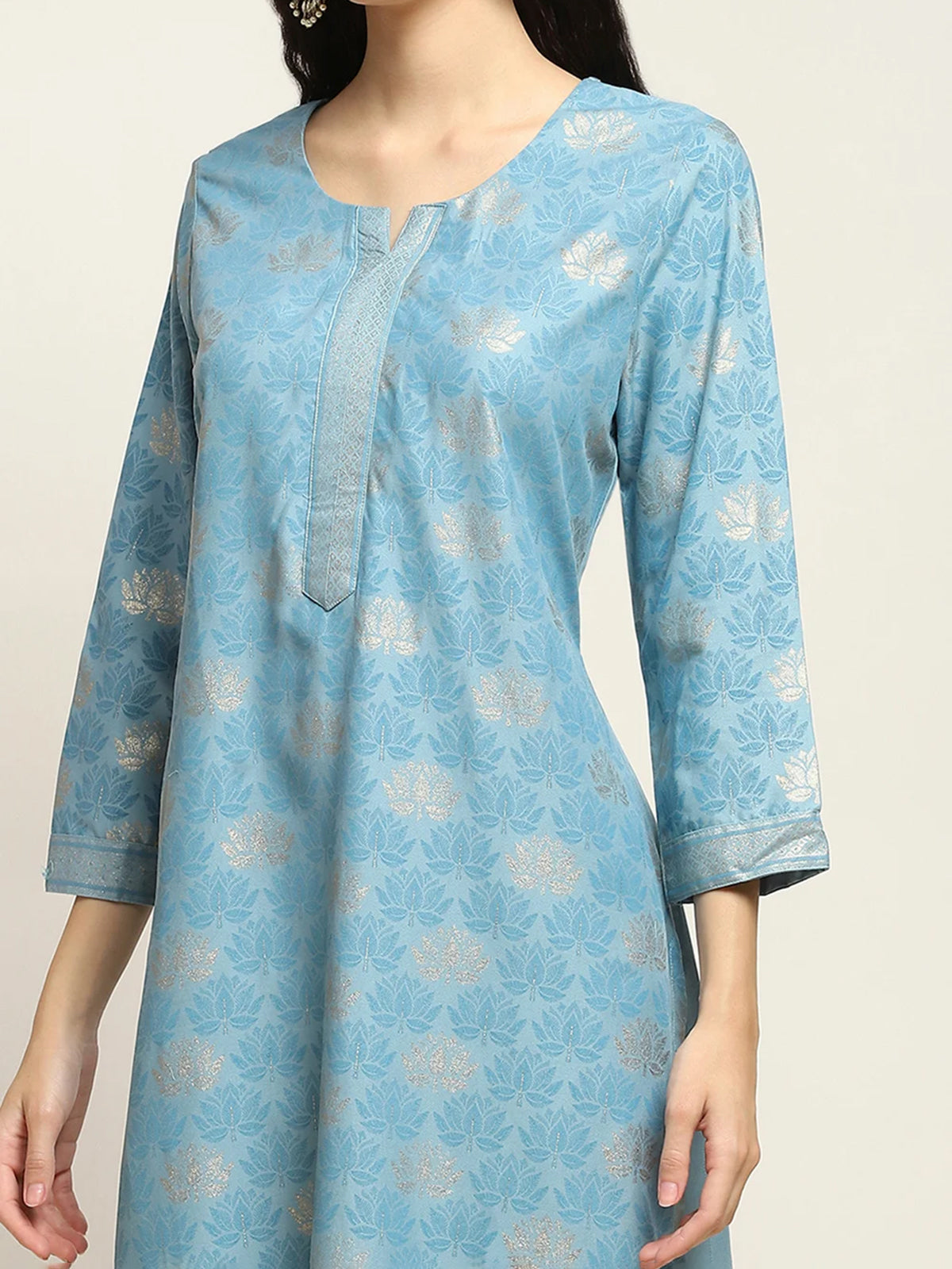 Blue cotton silk printed kurti for women