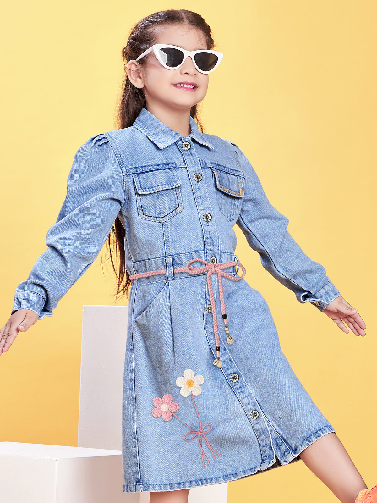 Blue denim frock with thread work