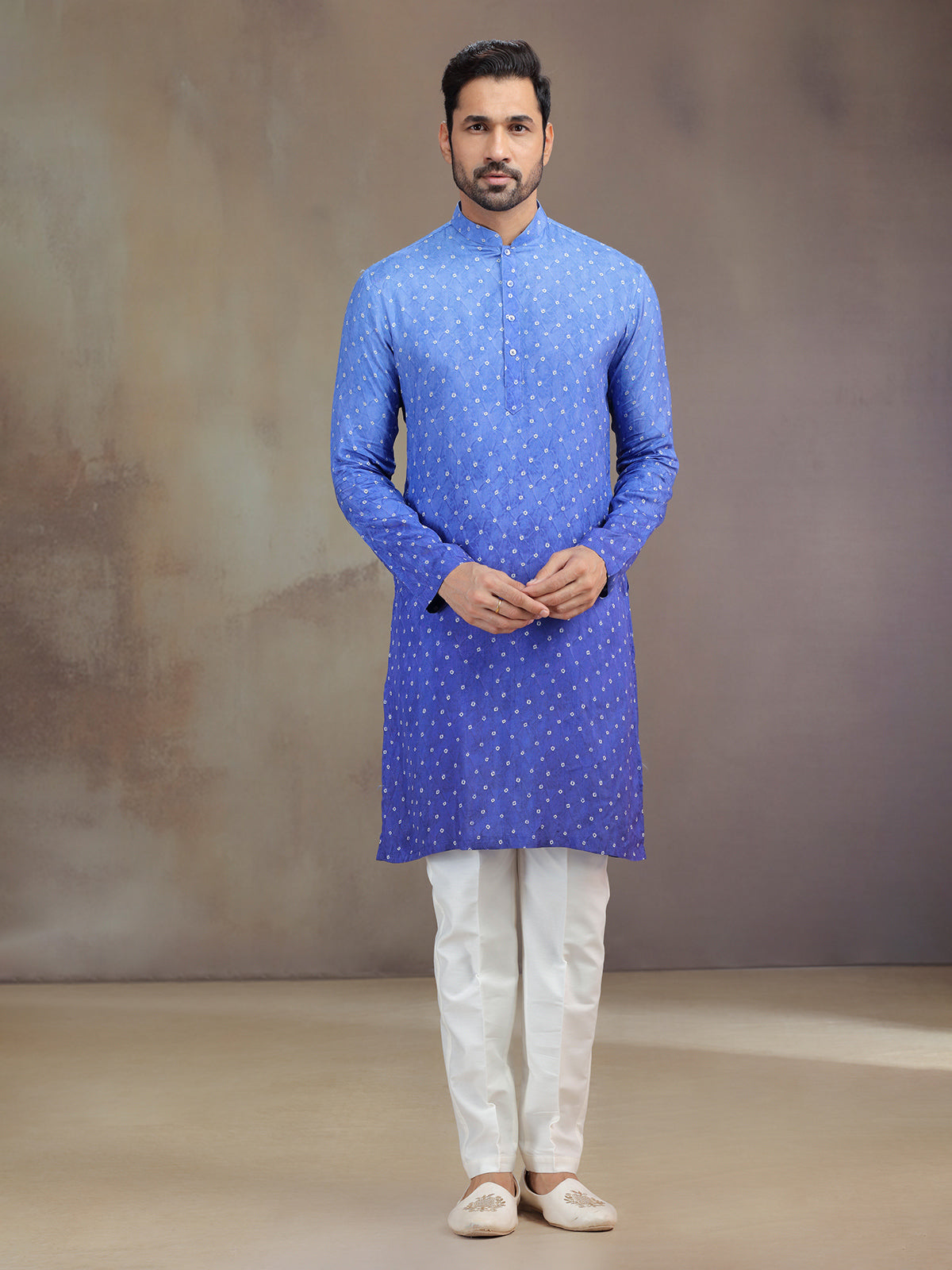 Blue printed festive wear kurta suit in soft silk