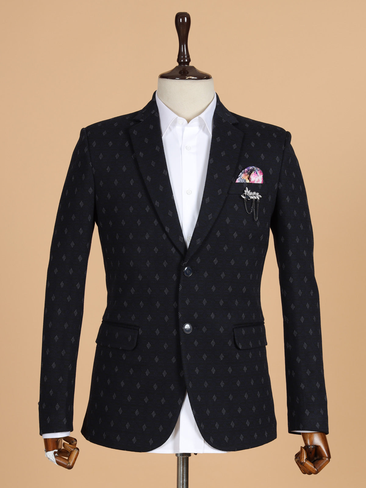 Blue printed terry rayon blazer for men