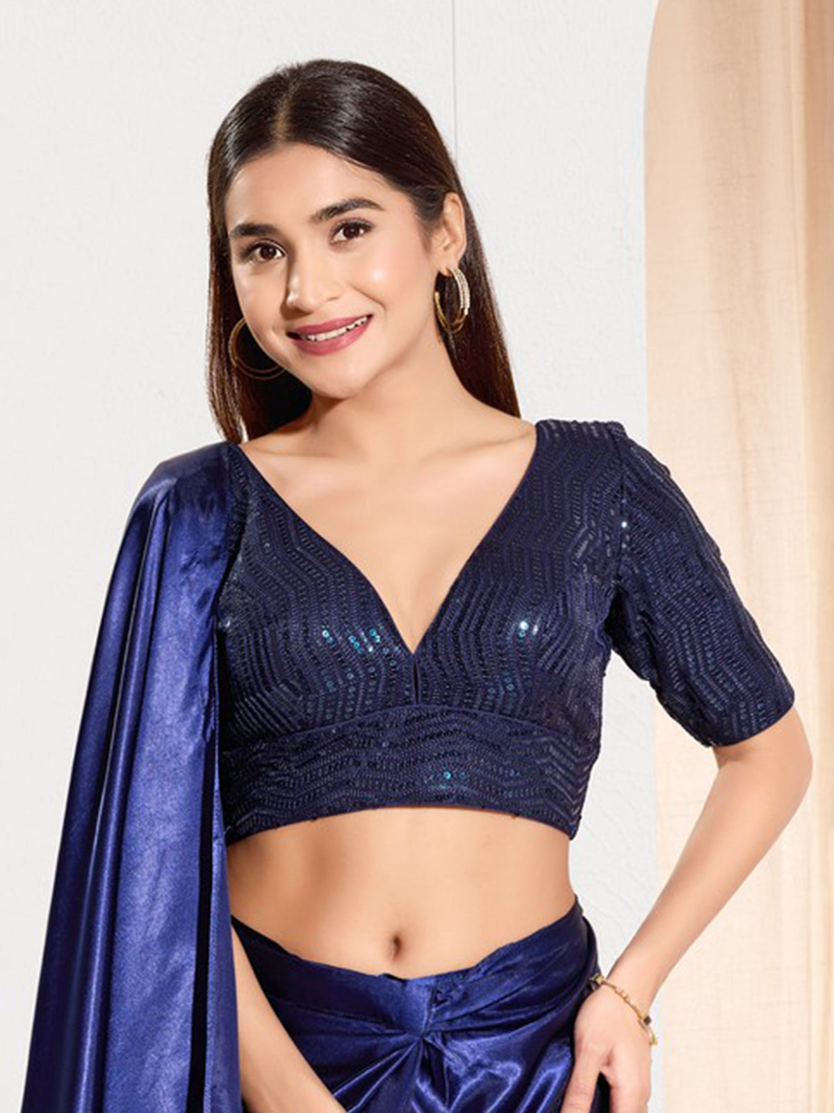 Blue sequins v neck elbow sleeve ready made blouse