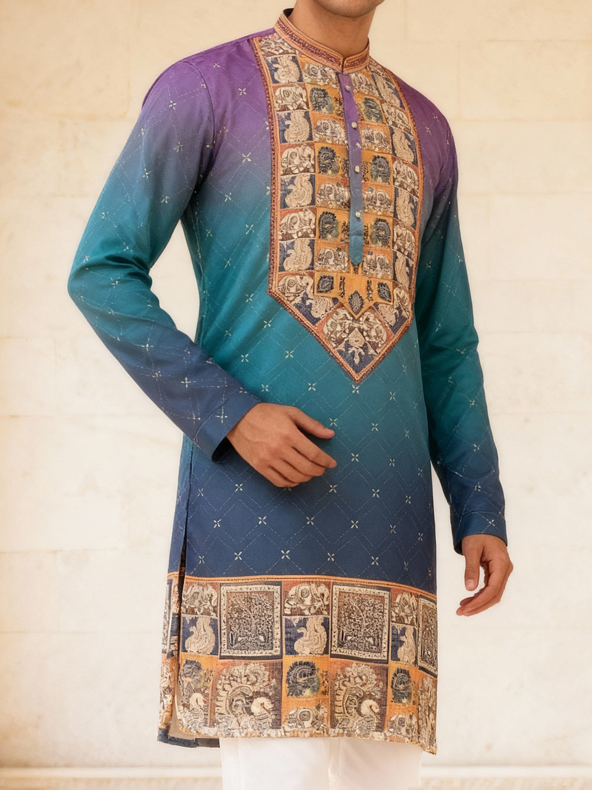 Blue shaded daman printed cotton silk kurta suit