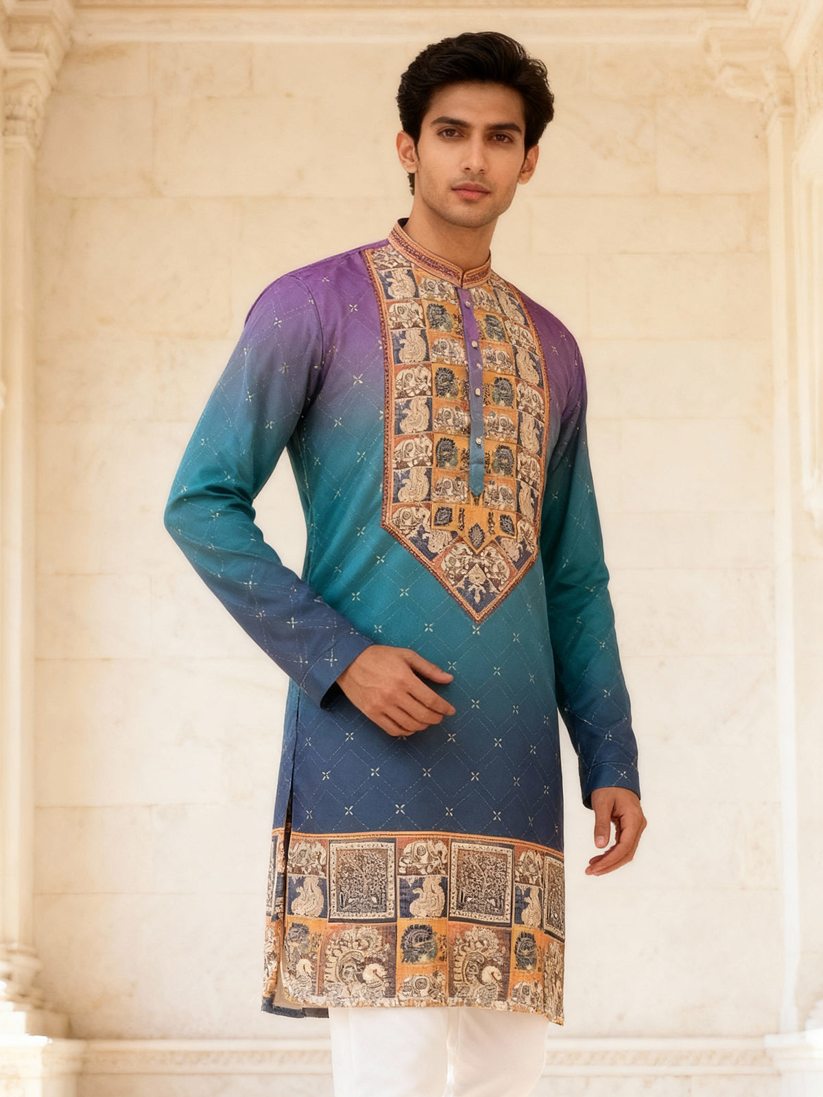 Blue shaded daman printed cotton silk kurta suit