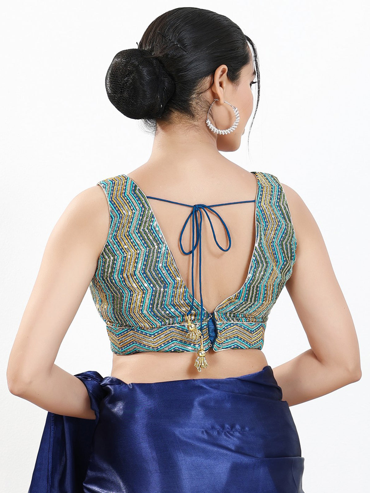 Blue silk V neck sleeveless ready made blouse