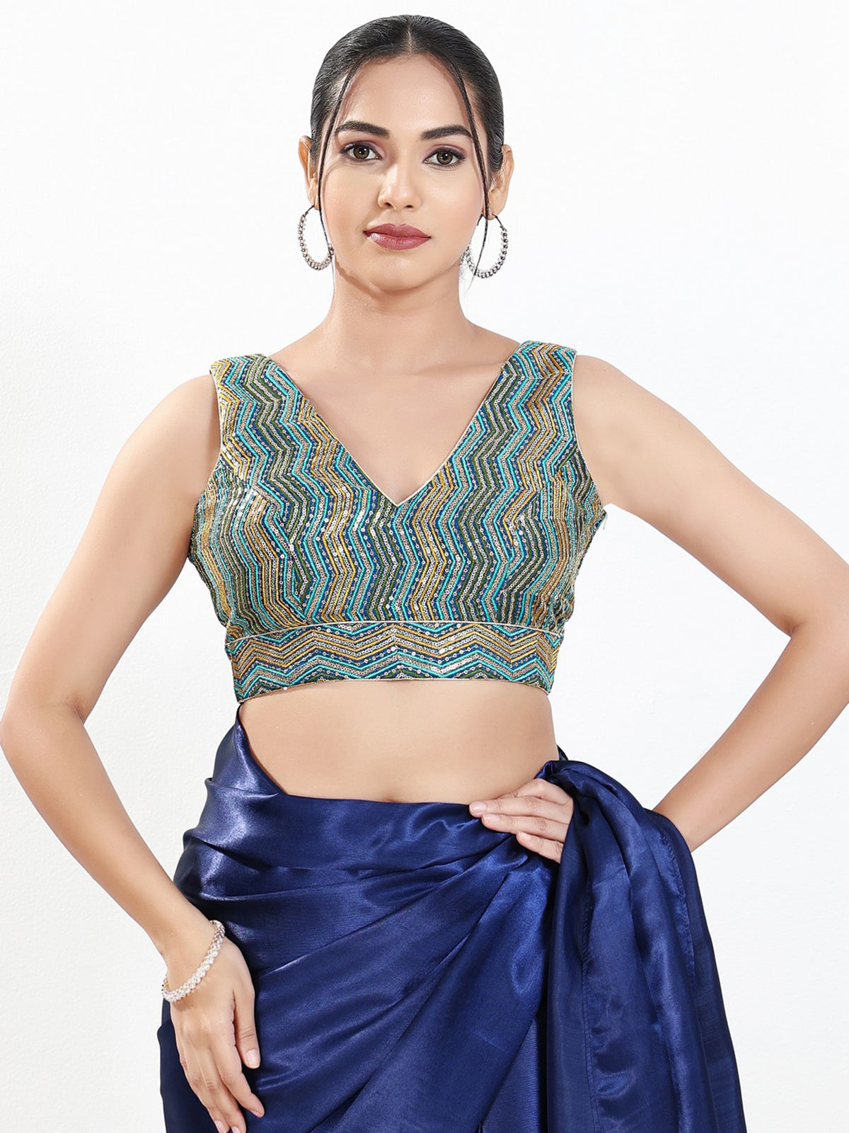 Blue silk V neck sleeveless ready made blouse