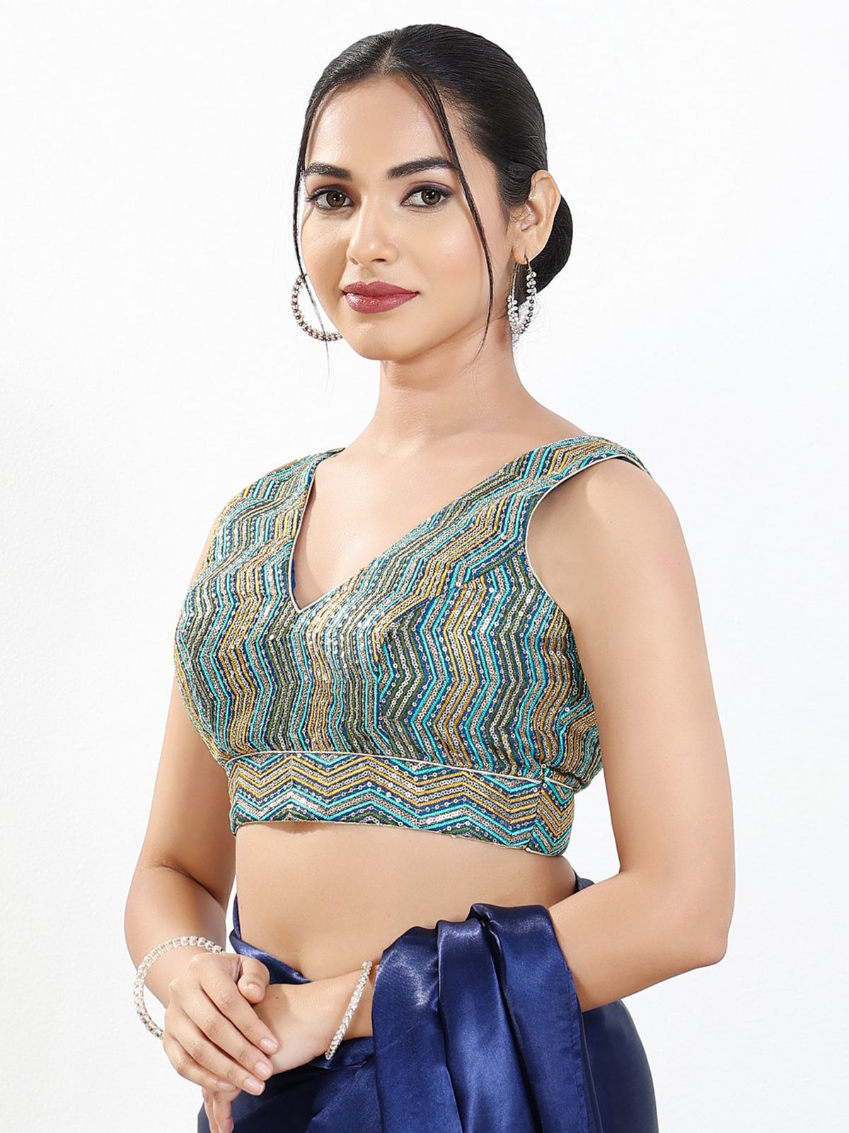 Blue silk V neck sleeveless ready made blouse