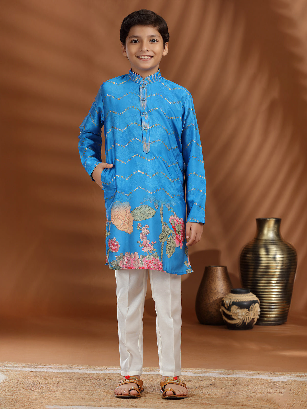 Blue silk zari weaving kurta suit for boys