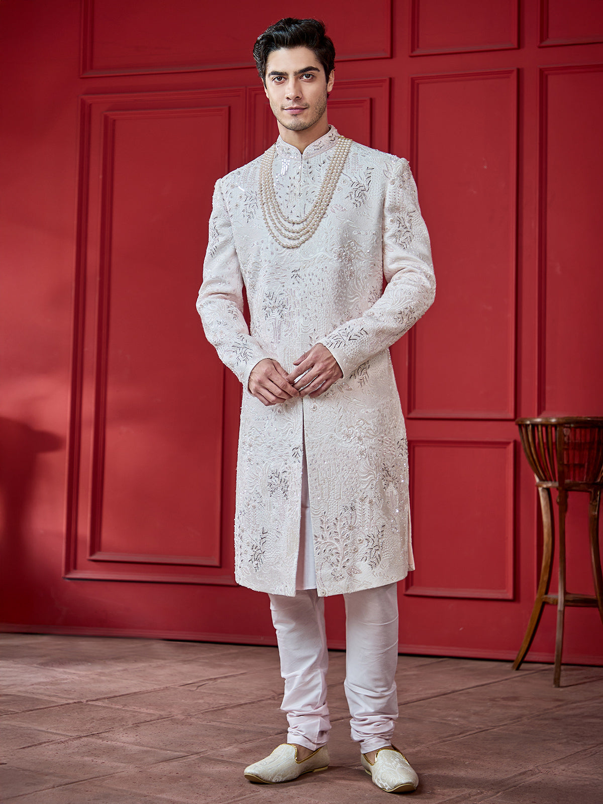 Blush light pink silk sherwani for groom
