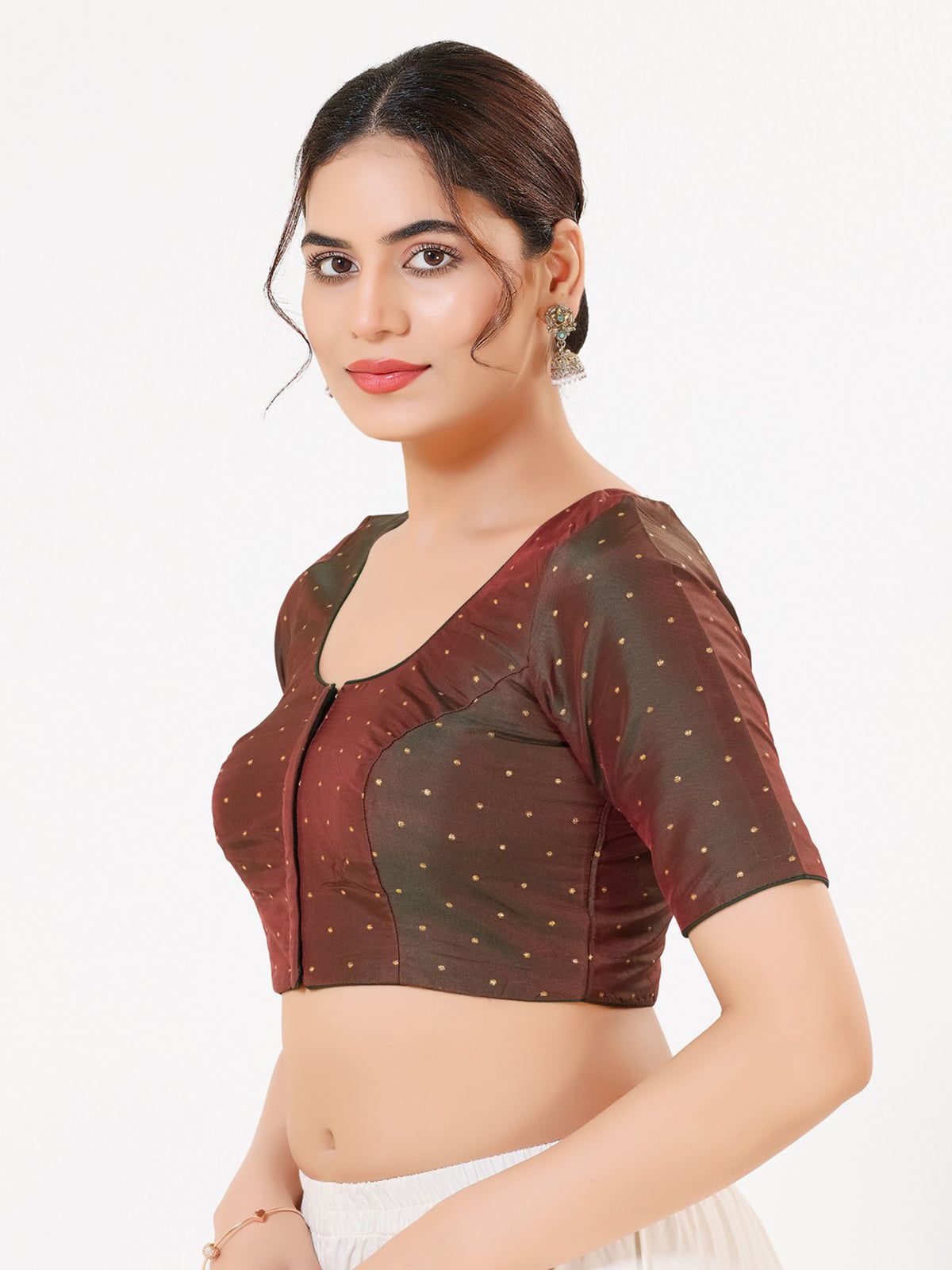 Bottle green tafeta silk zari elbow blouse