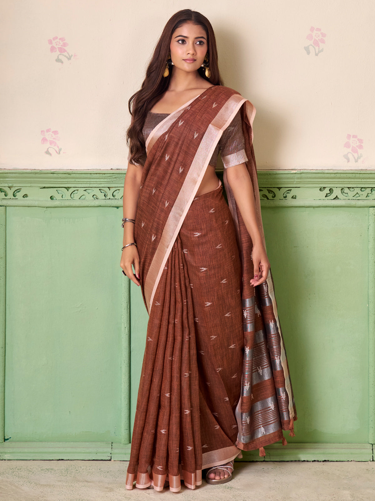Brown linen silk woven festive touch