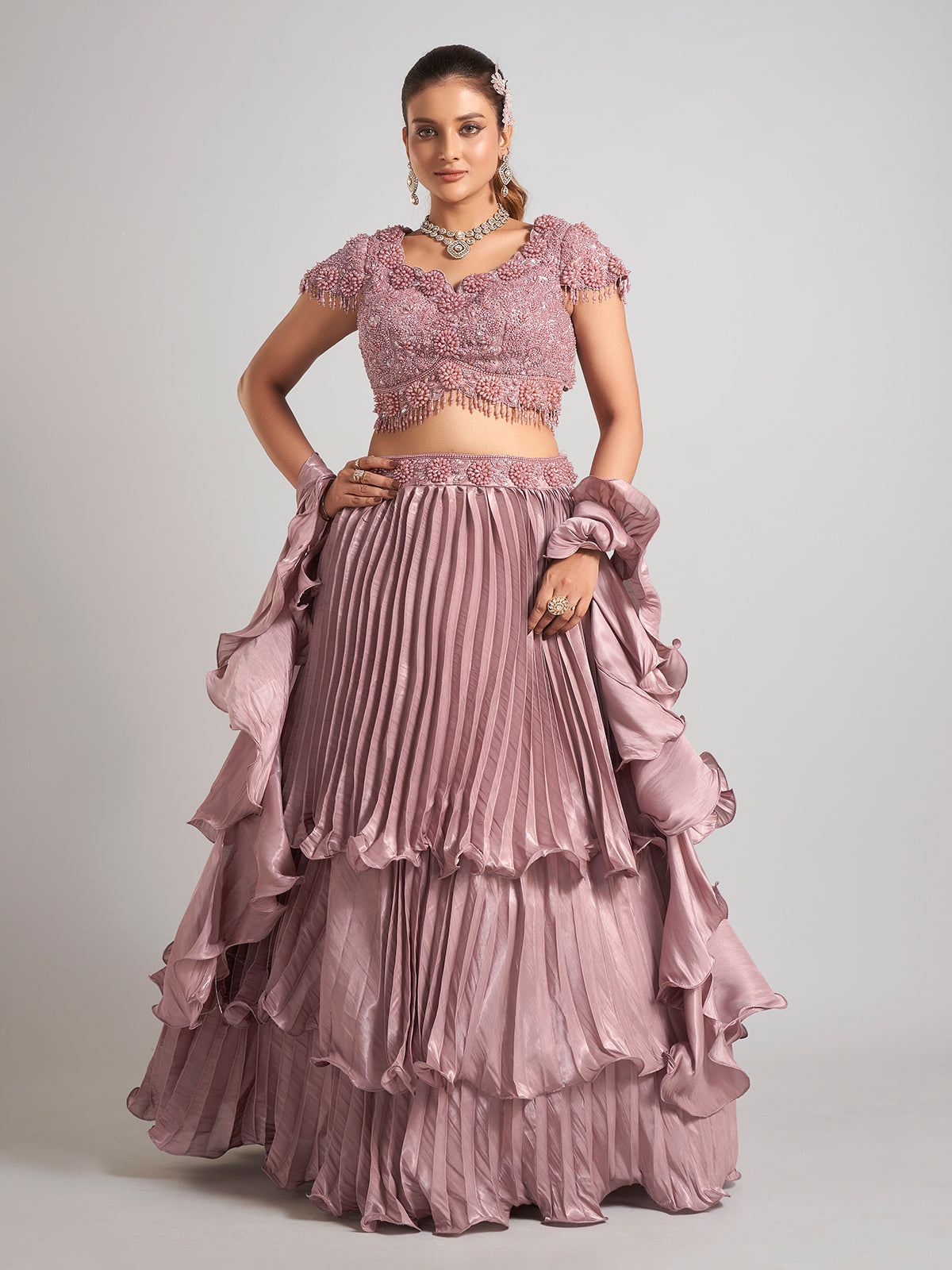 Brown organza ruffle dupatta lehenga choli