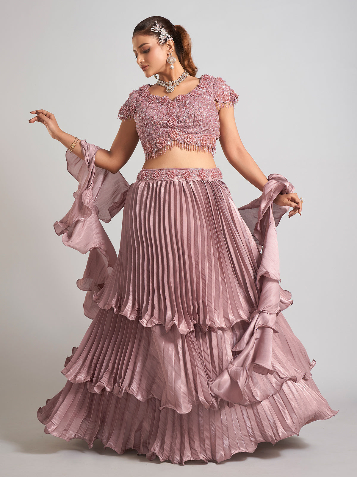 Brown organza ruffle dupatta lehenga choli