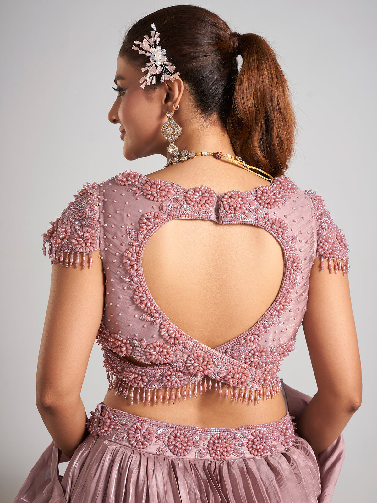 Brown organza ruffle dupatta lehenga choli