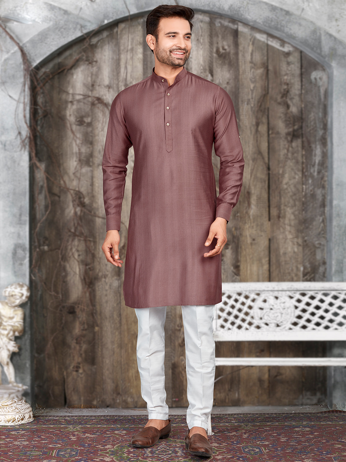 Brown plain kurta suit in silk