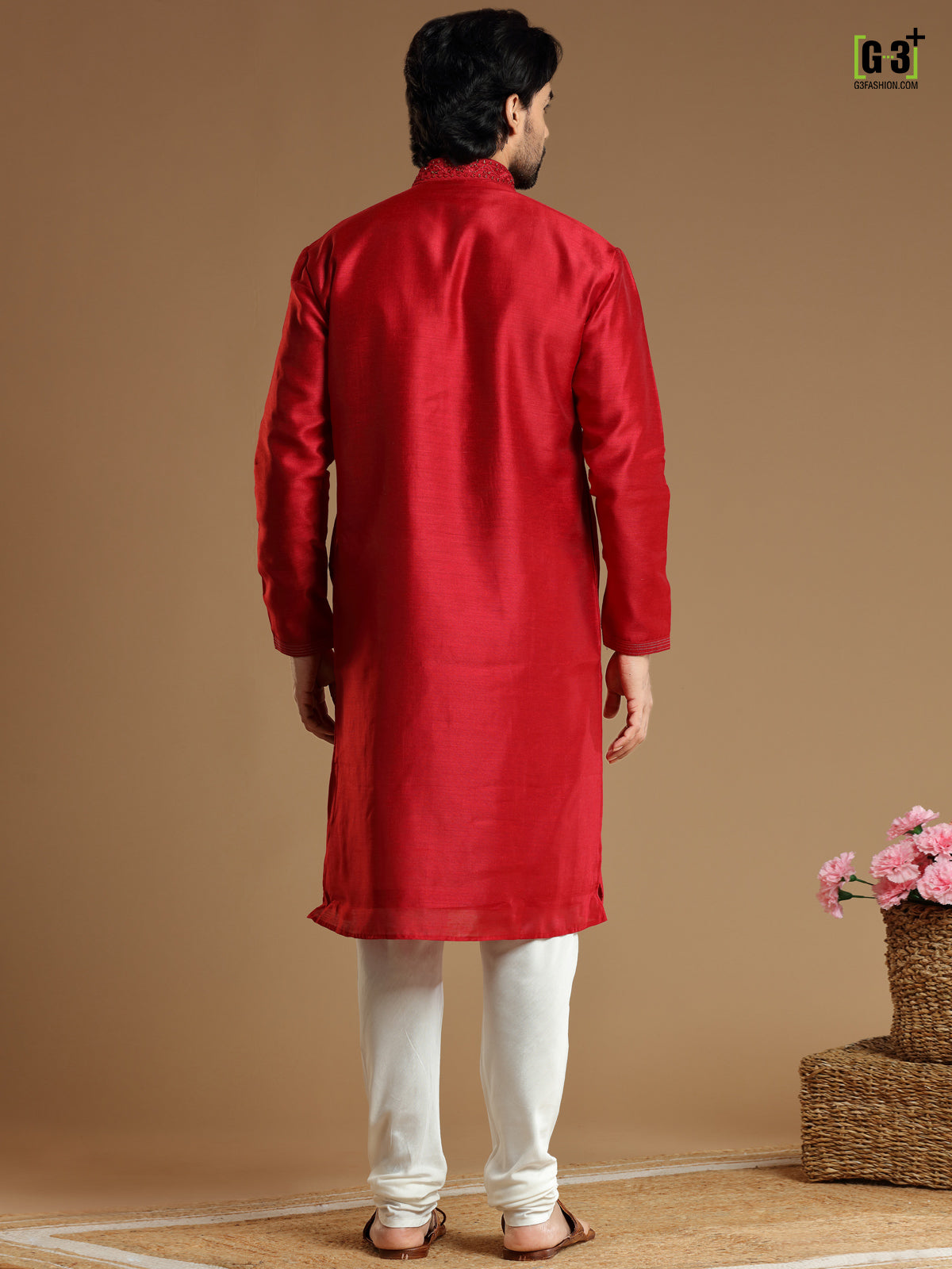 Candy red hued silk kurta suit for festivals